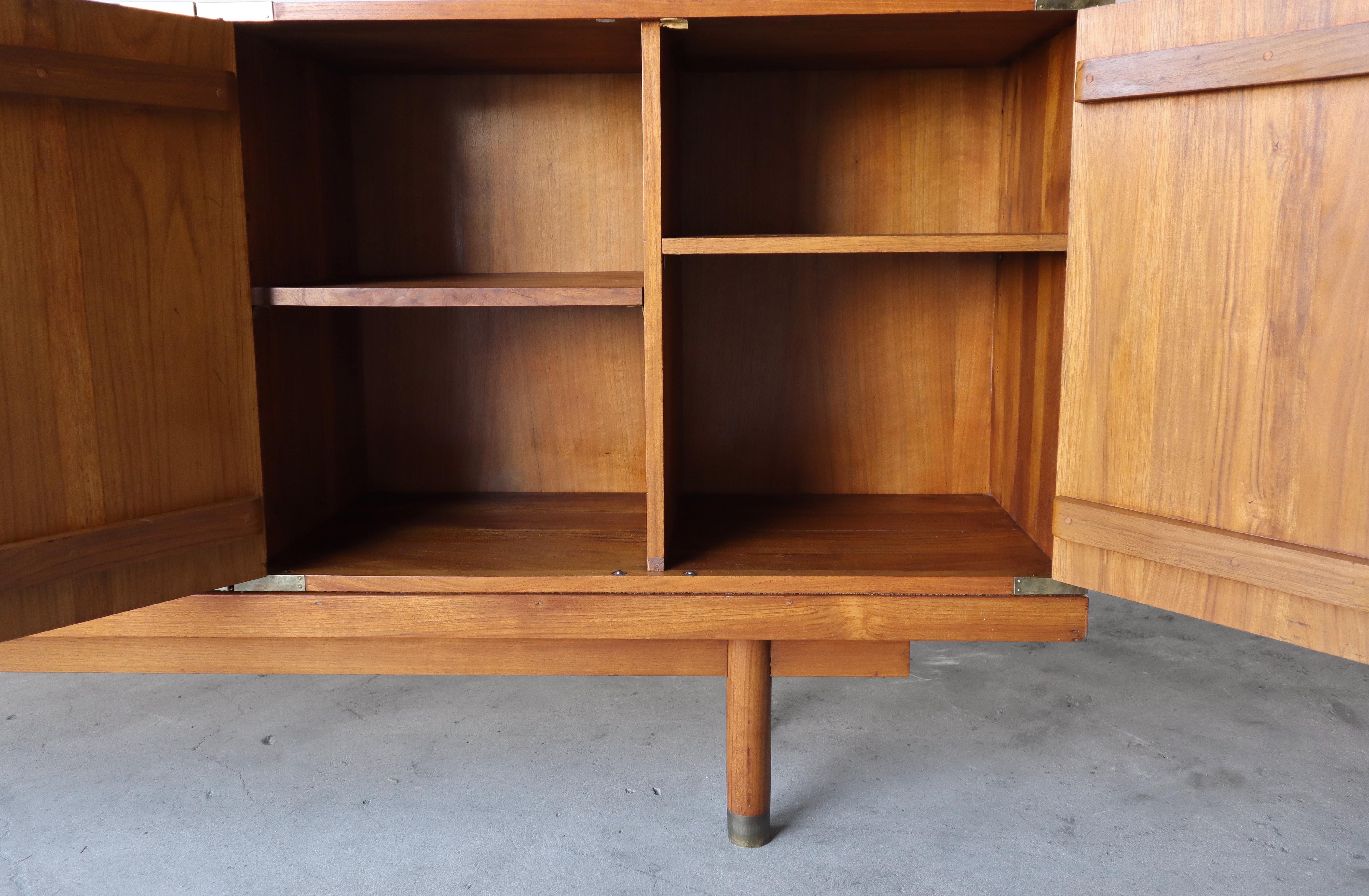 Brass Mid Century Teak Bench with Cabinets For Sale