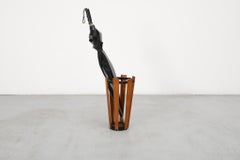 Mid-Century Teak & Black Enameled Metal Umbrella Stand