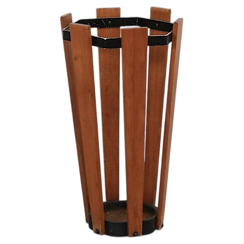 Mid-Century Teak & Black Enameled Metal Umbrella Stand