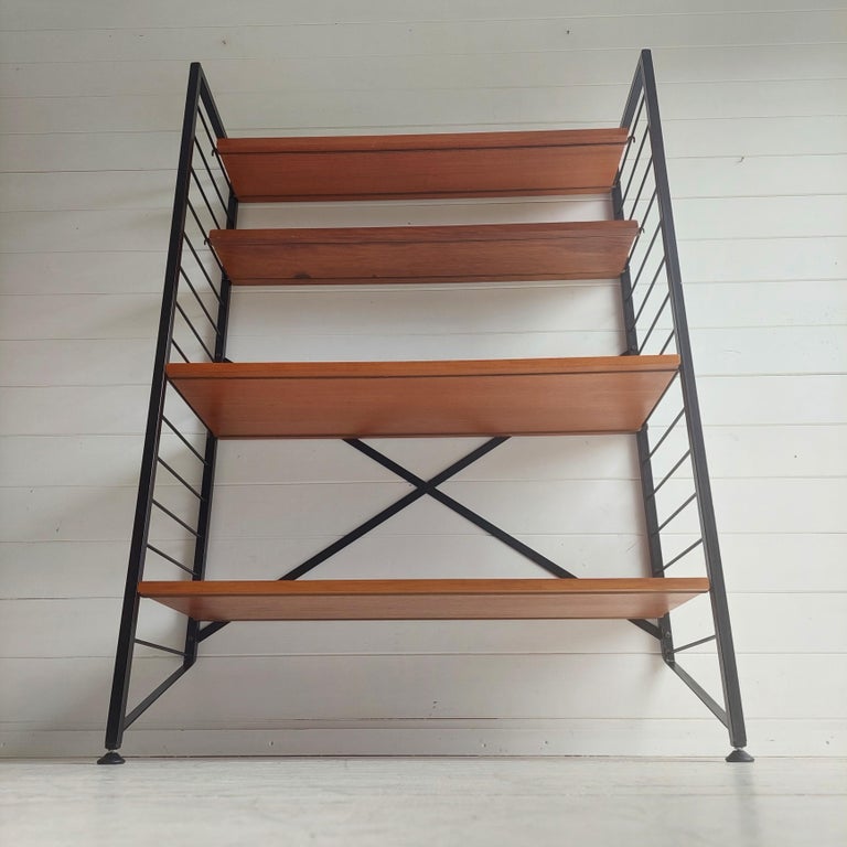 Midcentury Teak and Black Metal Ladderax Modular Shelving System by