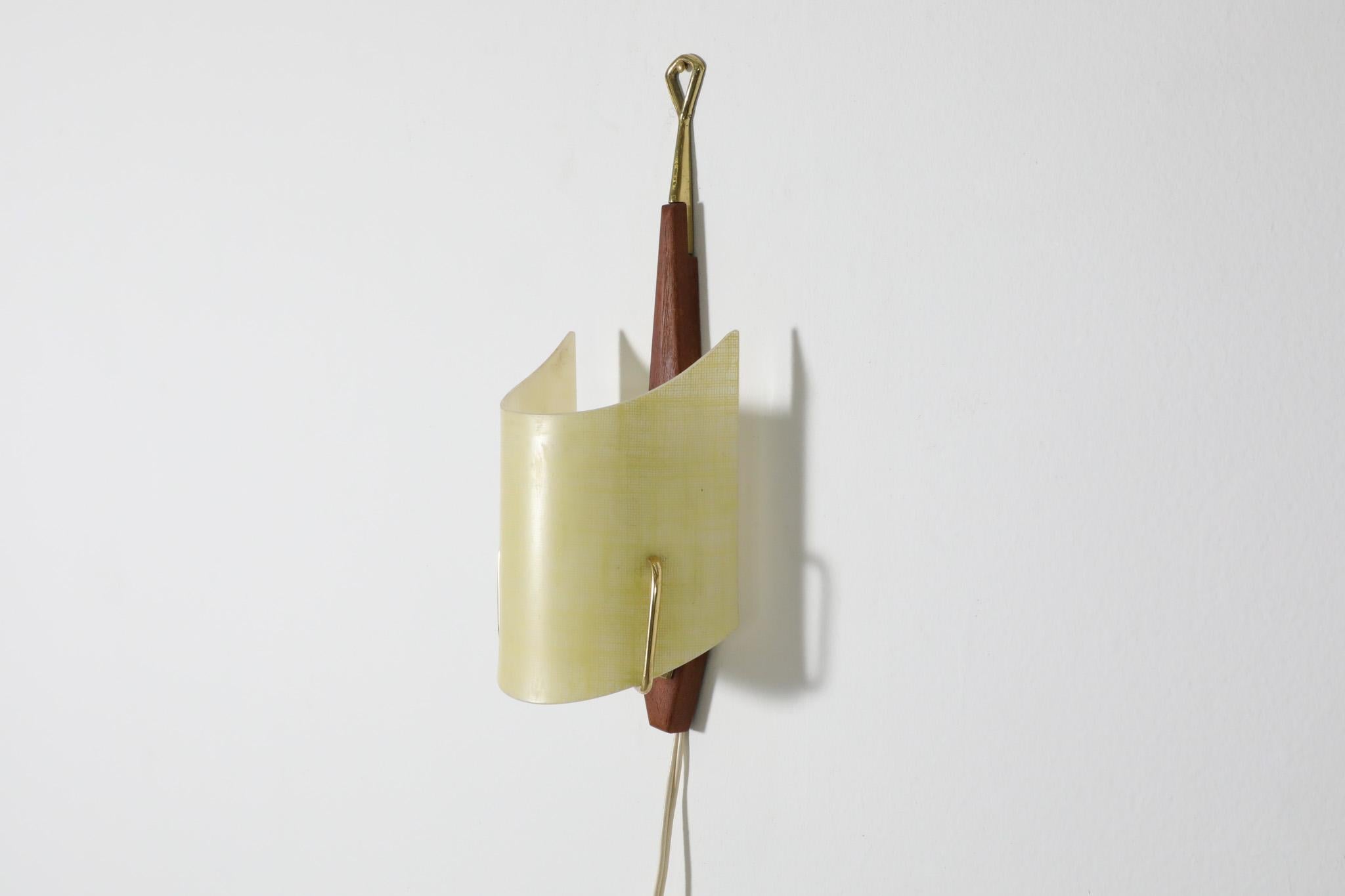 Metal Mid-Century Teak & Brass Wall Sconce with Yellow Linen Printed Plexi Shade For Sale