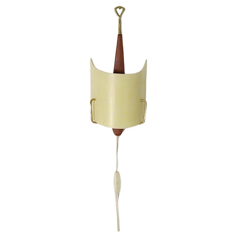 Mid-Century Teak & Brass Wall Sconce with Yellow Linen Printed Plexi Shade For Sale