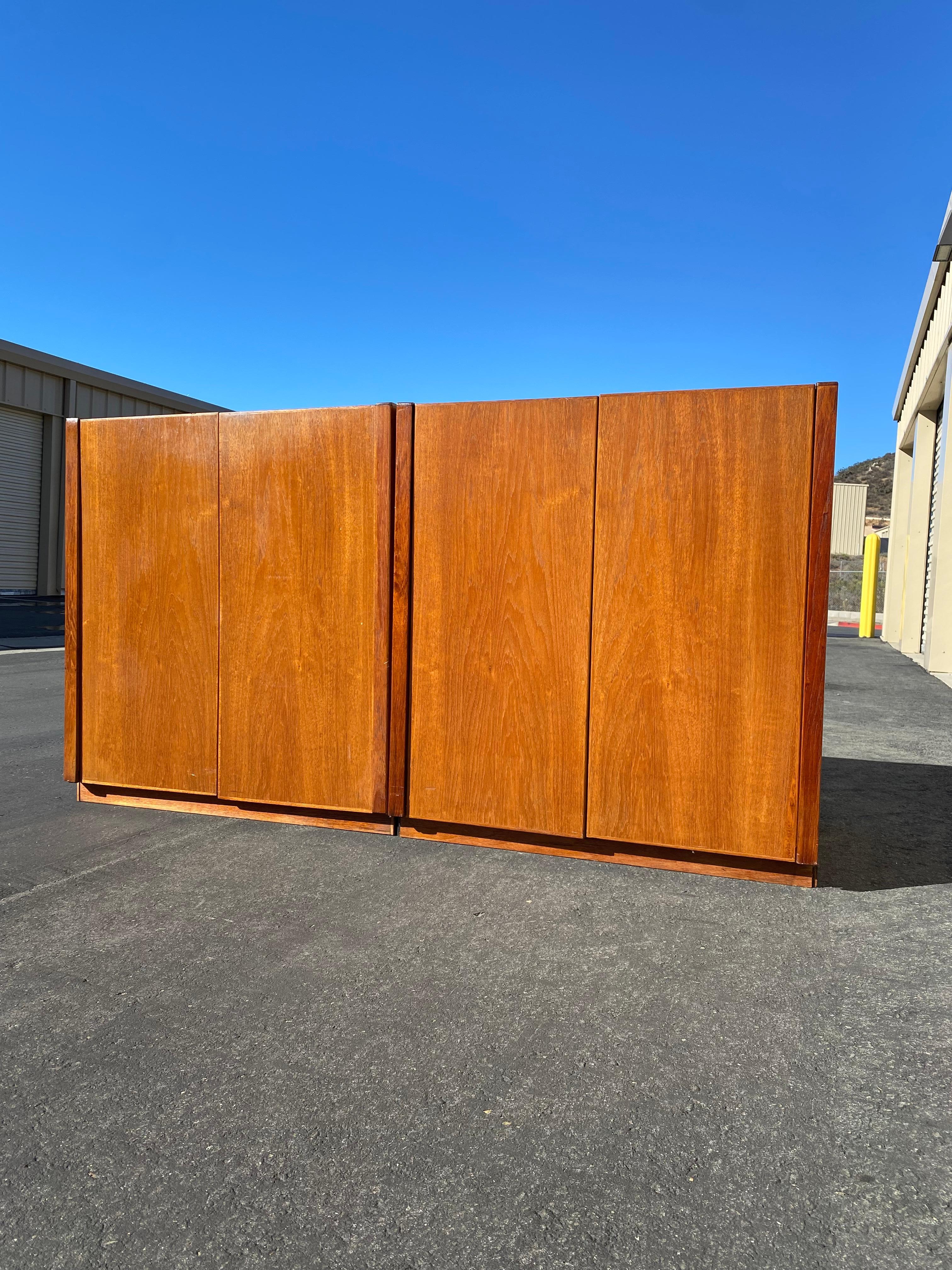 Both pieces in overall good condition for their age. Beautiful wood grain design. Elegant shapes. Would pair nicely side by side to create a buffet cabinet or console. Can also use individually.

Dimensions for the pieces:
Cabinet #1: L29.5 x