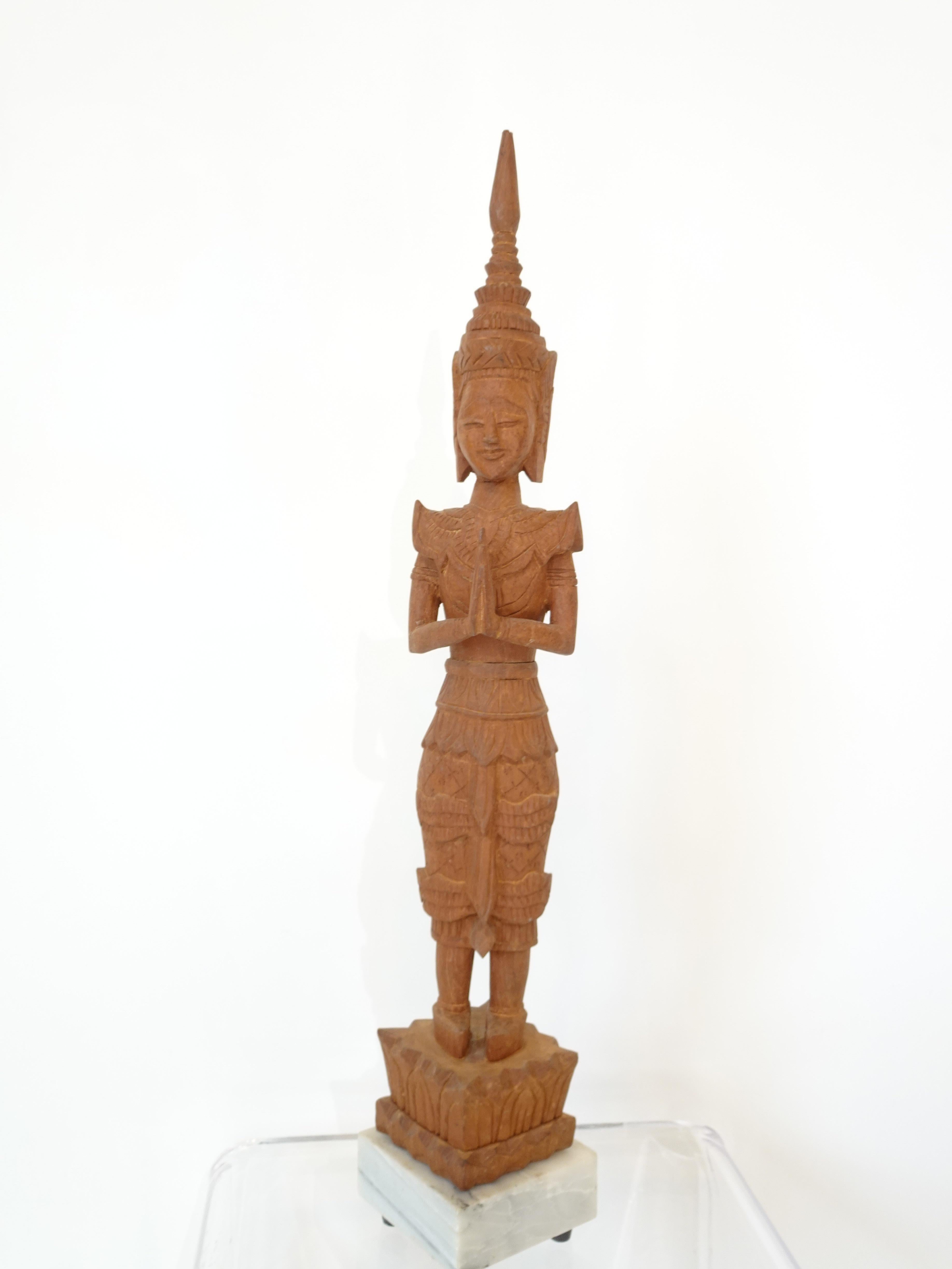 Mid-Century Modern Mid Century Teak Carved and Marble Thai Buddha