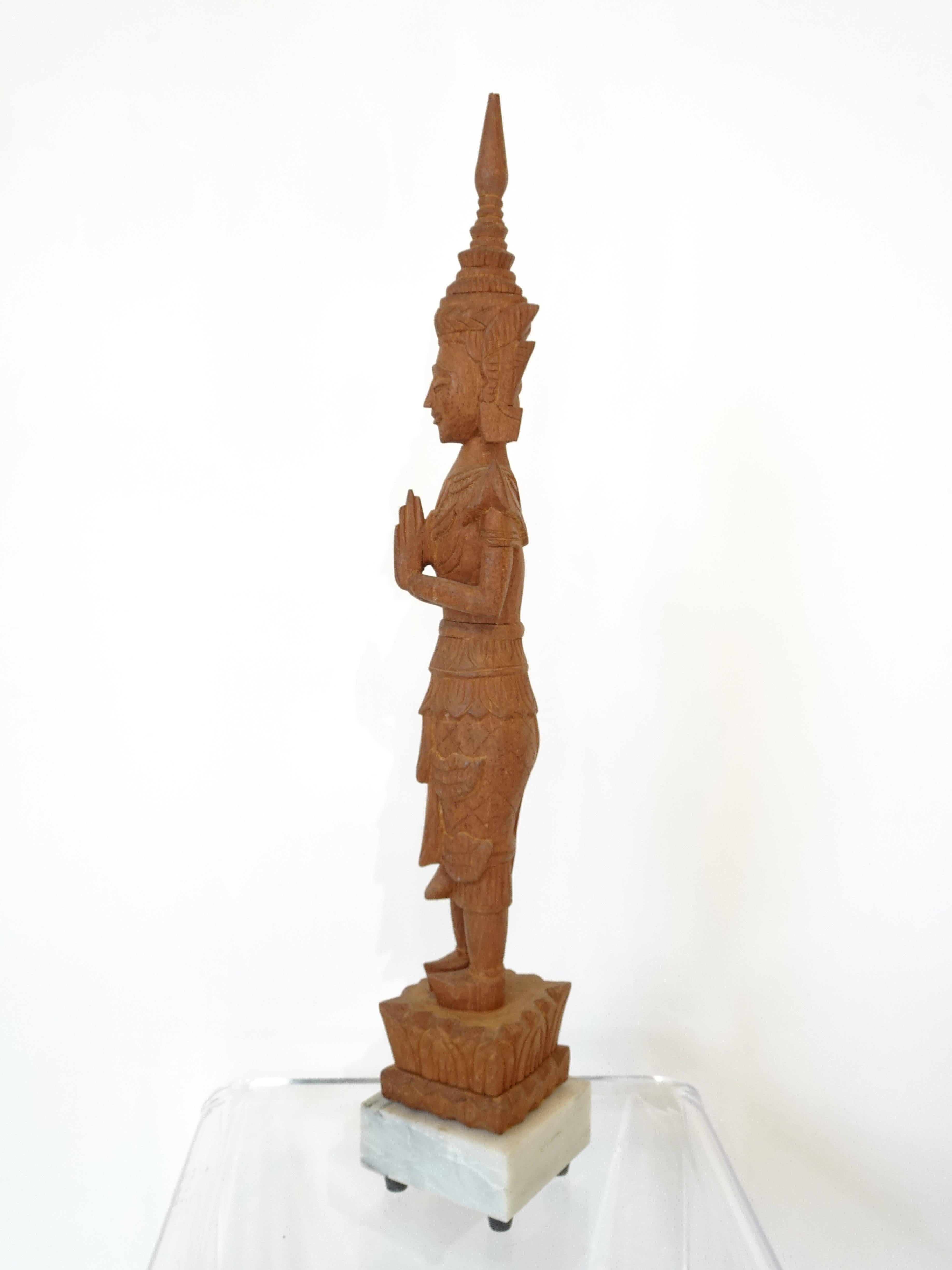 Mid Century Teak Carved and Marble Thai Buddha In Good Condition In Cincinnati, OH