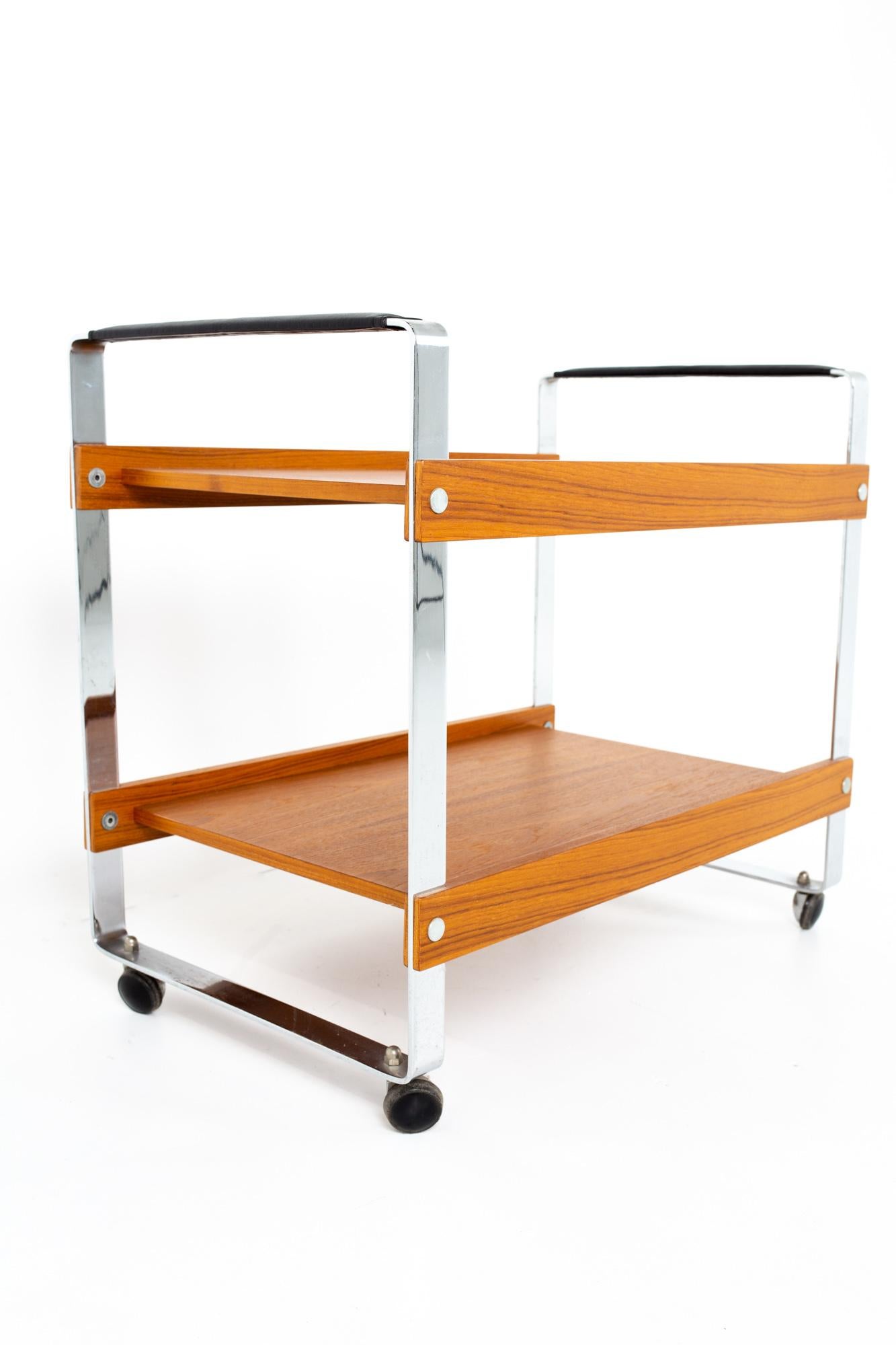 Danish Mid Century Teak Chrome and Leather Bar Serving Cart