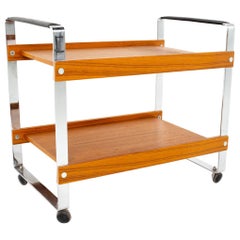 Mid Century Teak Chrome and Leather Bar Serving Cart Mid Century Teak Chrome and Leather Bar Serving Cart