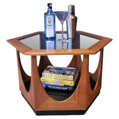 Mid Century Teak Clear Glazed Hexagonal Coffee Table With Black Plinth Base