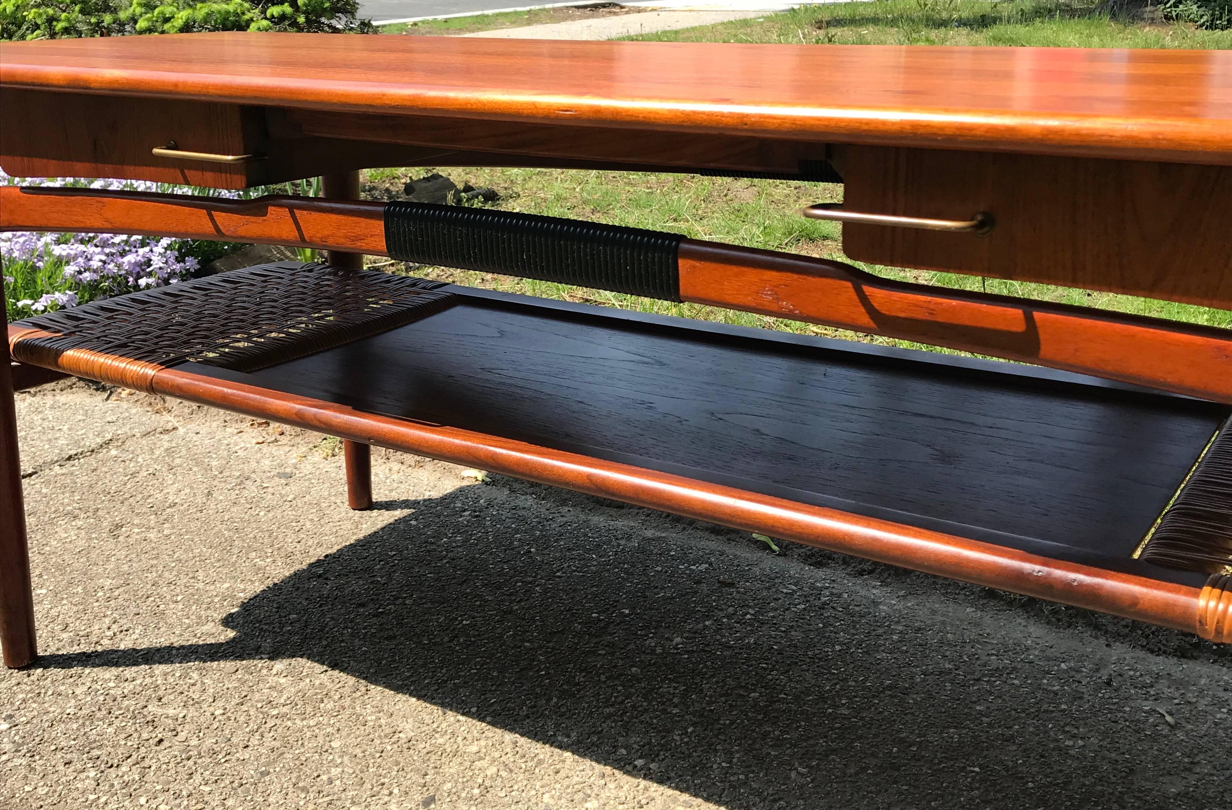 Mid Century Teak Coffee Table, Four Side Drawers, Cane Shelf, Denmark, 1960's In Good Condition In Bedford Hills, NY