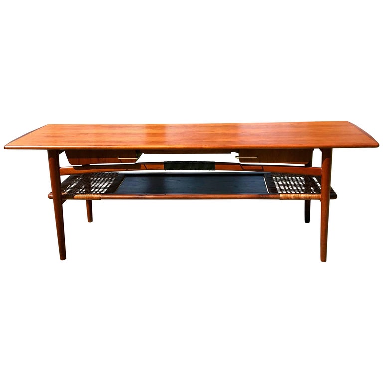 Mid Century Teak Coffee Table, Four Side Drawers, Cane Shelf, Denmark