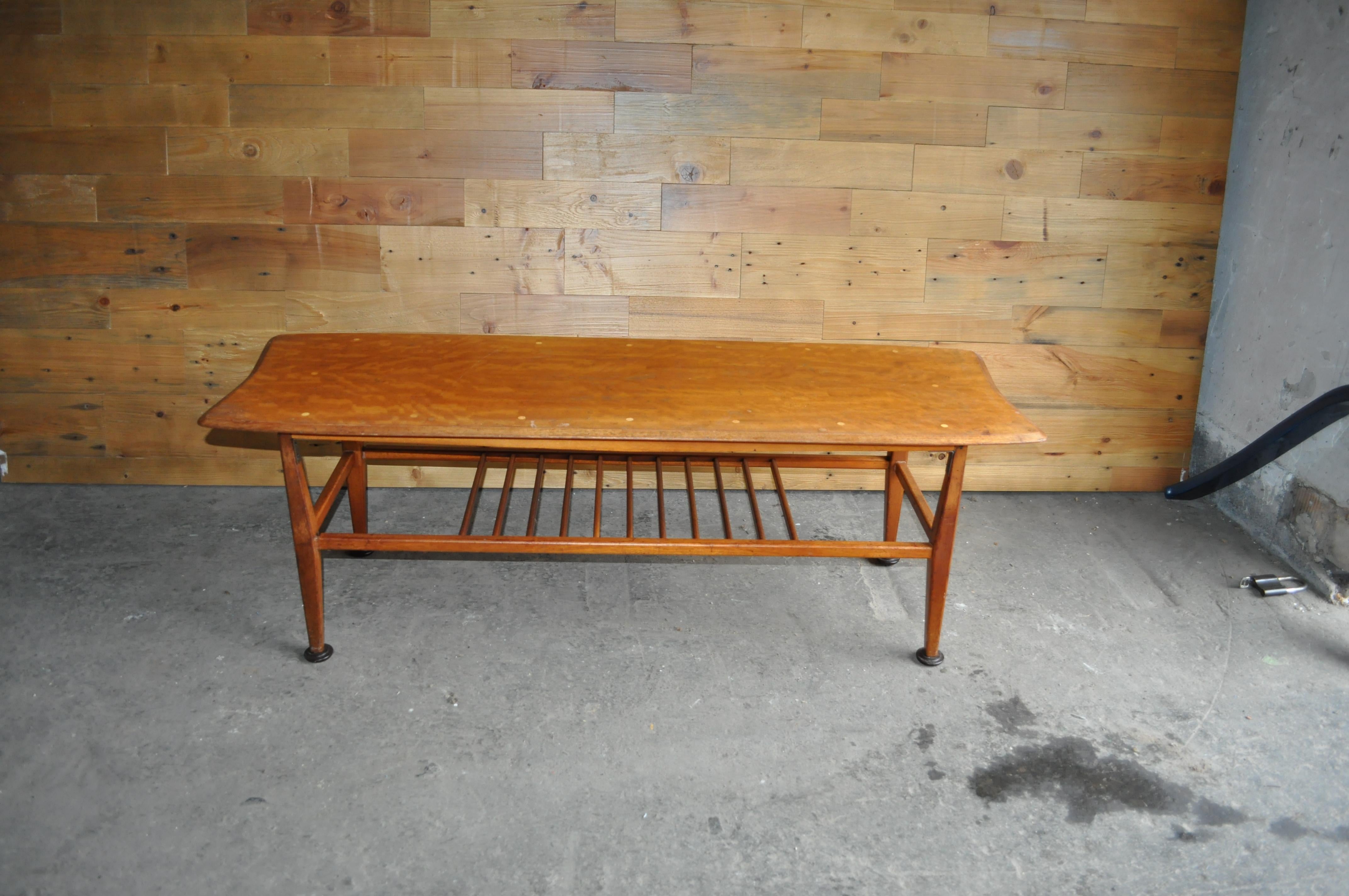 Lacquered Midcentury Teak Coffee Table Low Long with Magazine Shelf For Sale