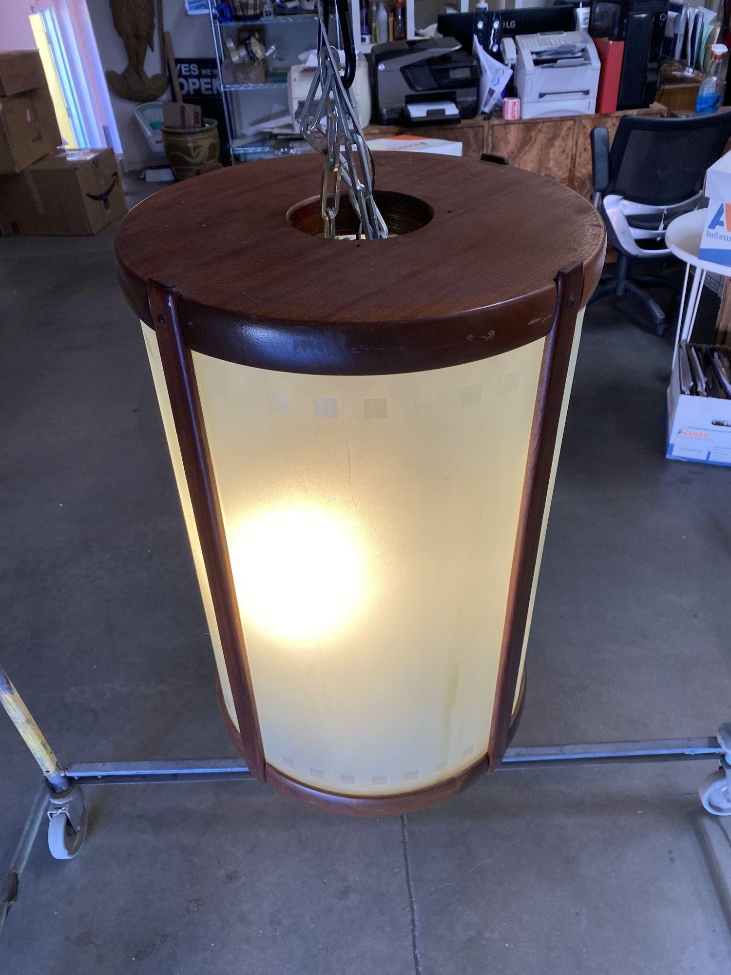 Mid Century Teak Cylinder Chandelier W/ Frosted Glass Panels For Sale 5