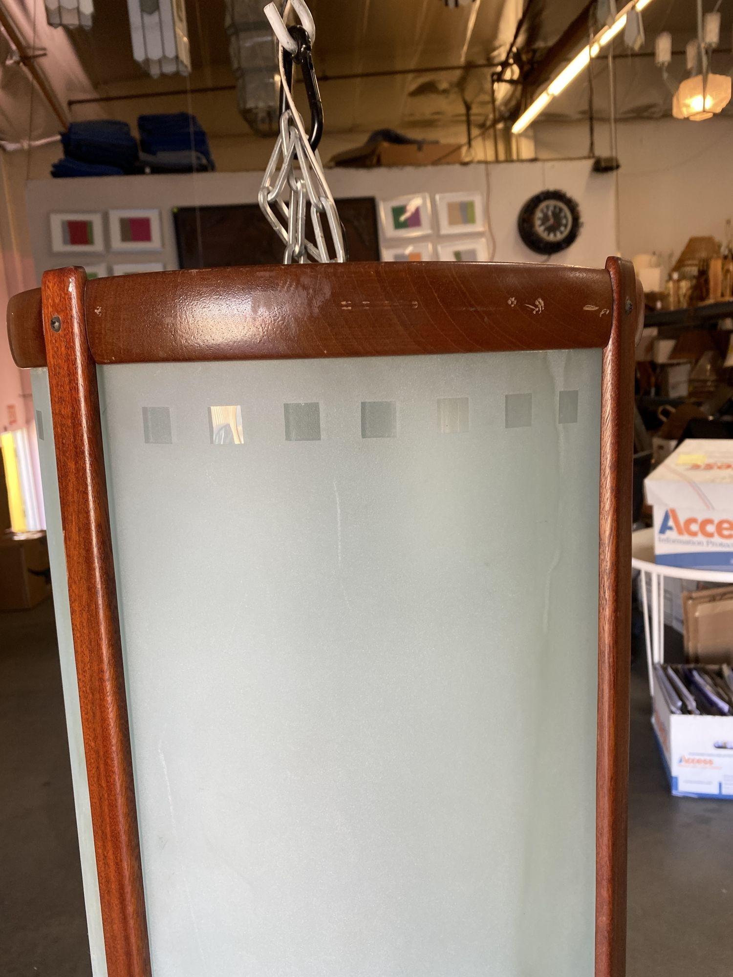 Mid Century Teak Cylinder Chandelier W/ Frosted Glass Panels In Excellent Condition For Sale In Van Nuys, CA