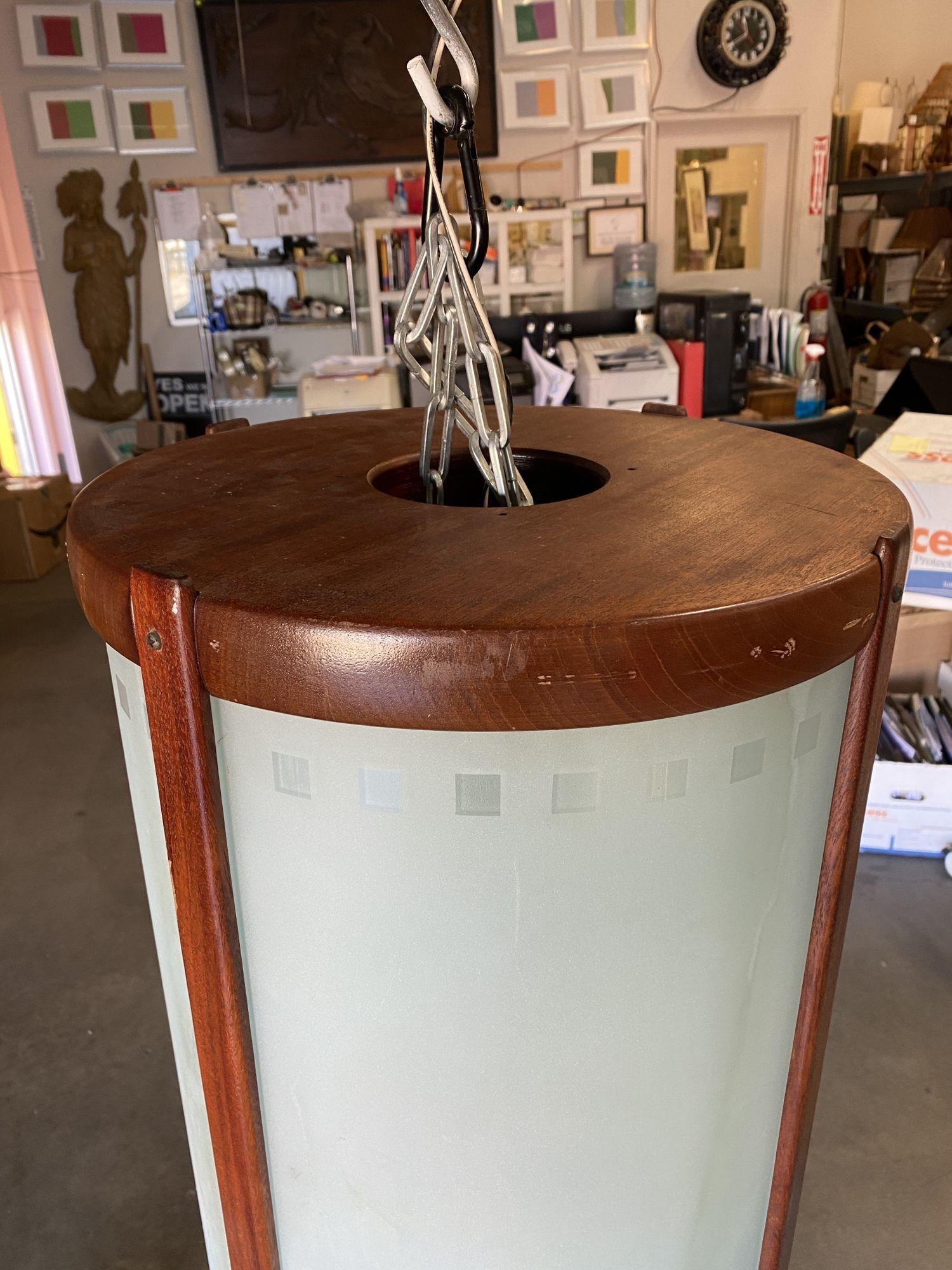 Mid-20th Century Mid Century Teak Cylinder Chandelier W/ Frosted Glass Panels For Sale