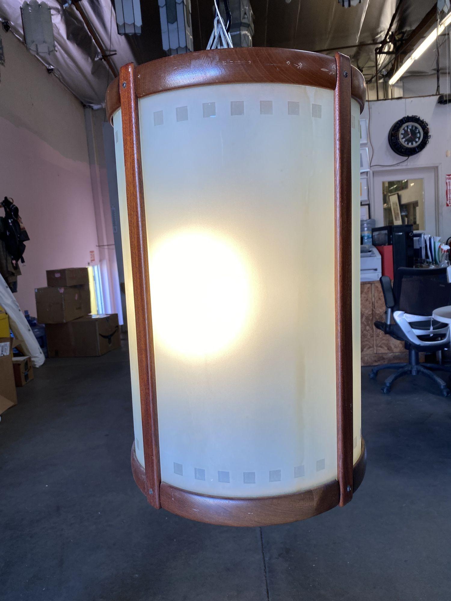 Mid Century Teak Cylinder Chandelier W/ Frosted Glass Panels For Sale 2