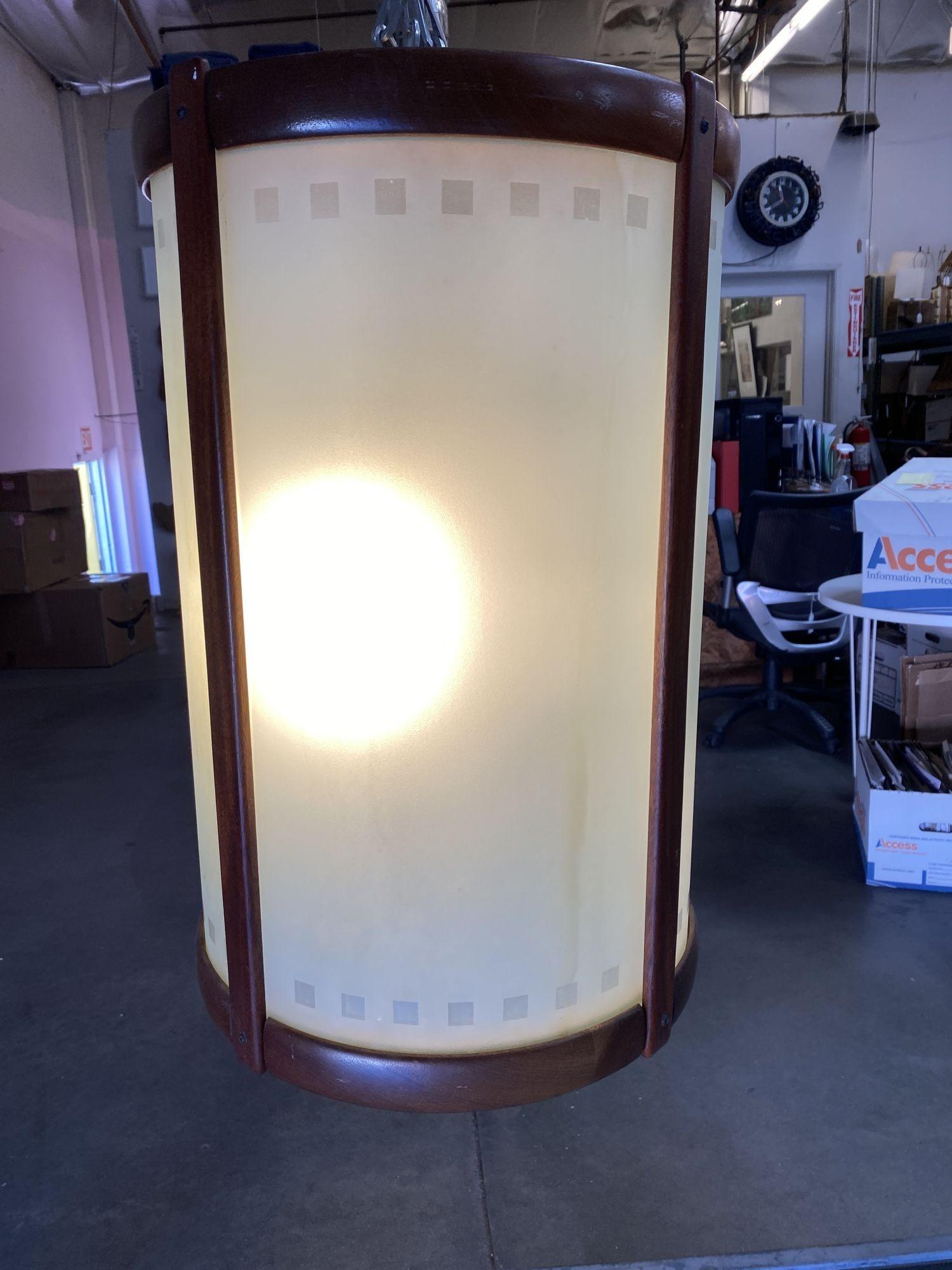 Mid Century Teak Cylinder Chandelier W/ Frosted Glass Panels For Sale 3