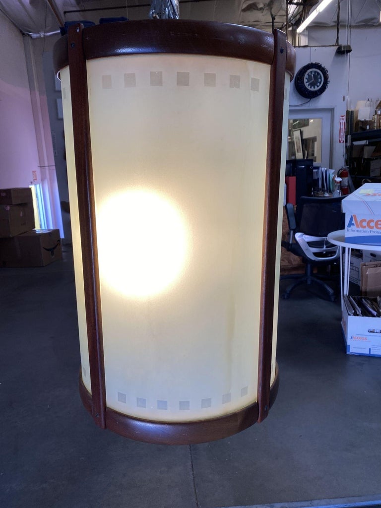 Mid Century Teak Cylinder Chandelier W/ Frosted Glass Panels For Sale