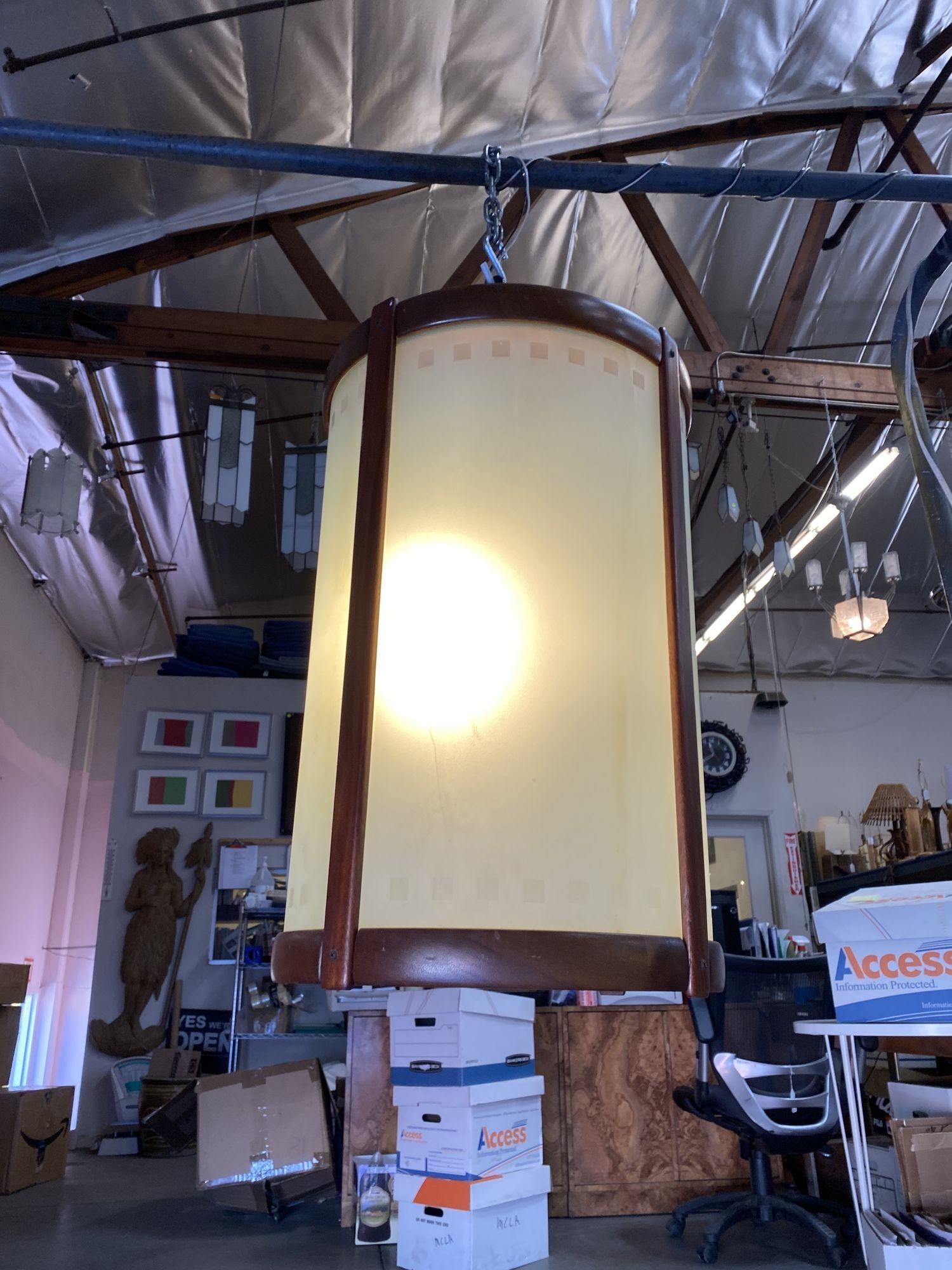 Mid Century Teak Cylinder Chandelier W/ Frosted Glass Panels For Sale 4