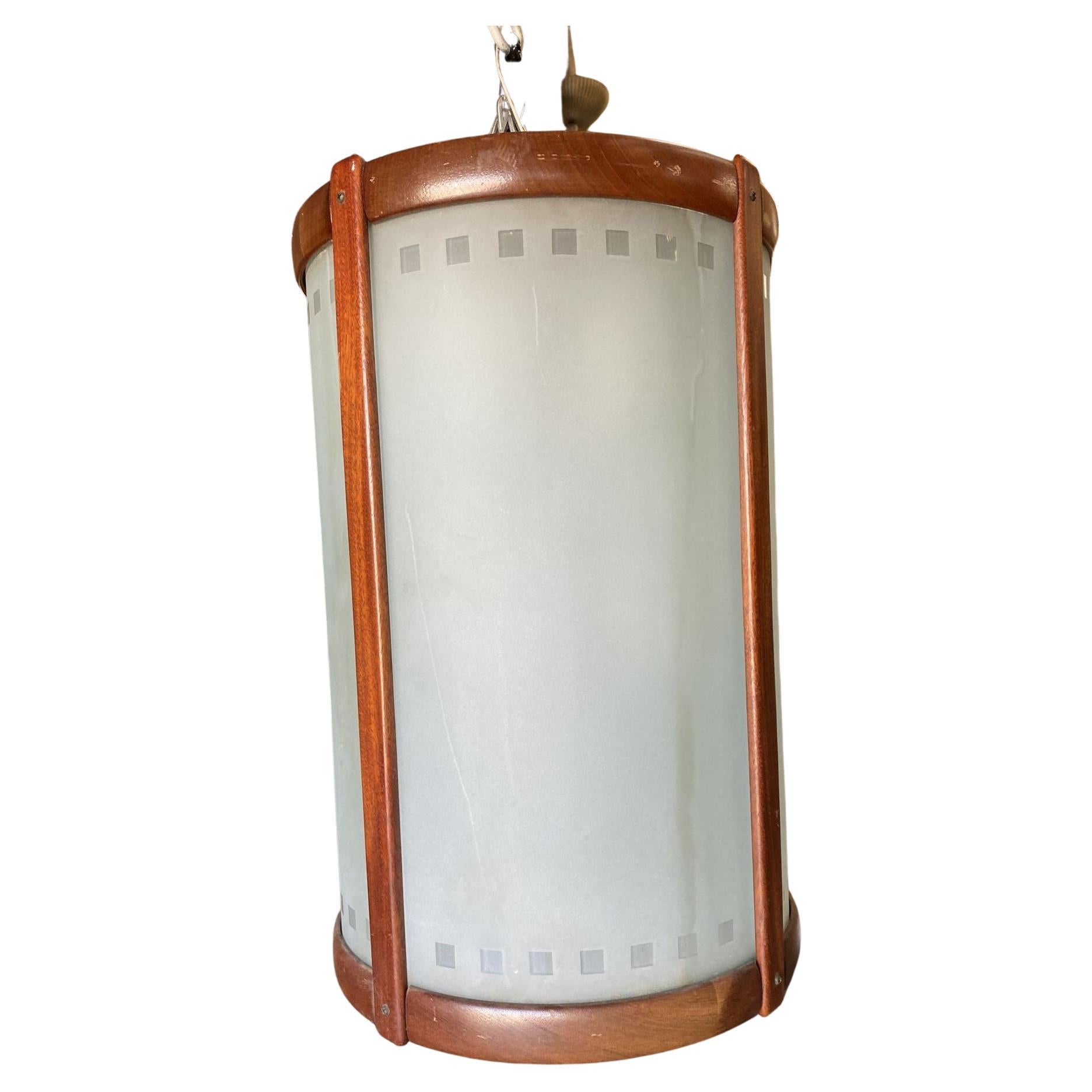 Mid Century Teak Cylinder Chandelier W/ Frosted Glass Panels For Sale