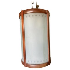 Vintage Mid Century Teak Cylinder Chandelier W/ Frosted Glass Panels