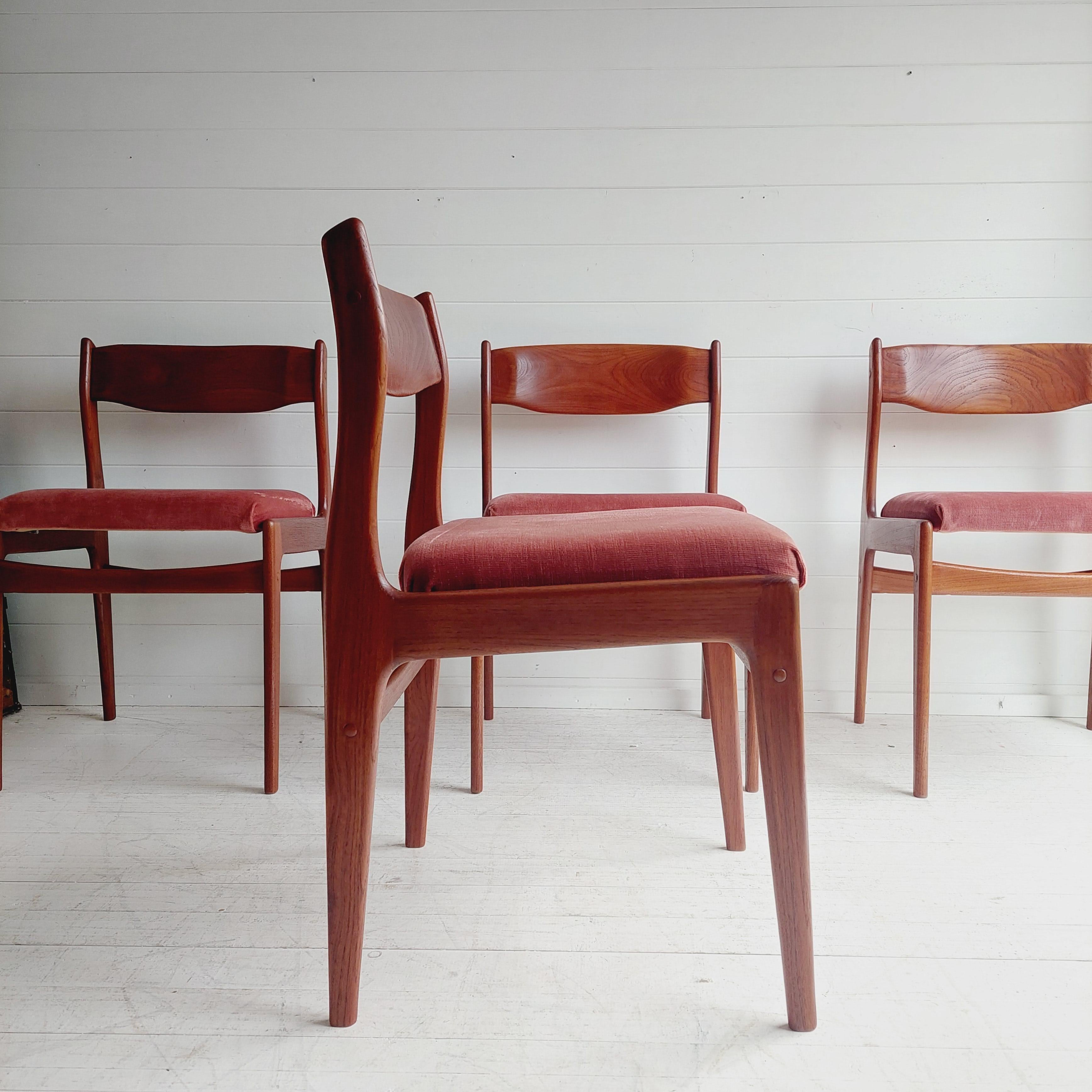 Mid Century teak Danish dining chairs 60s, Erik Buch style, set of 4 3