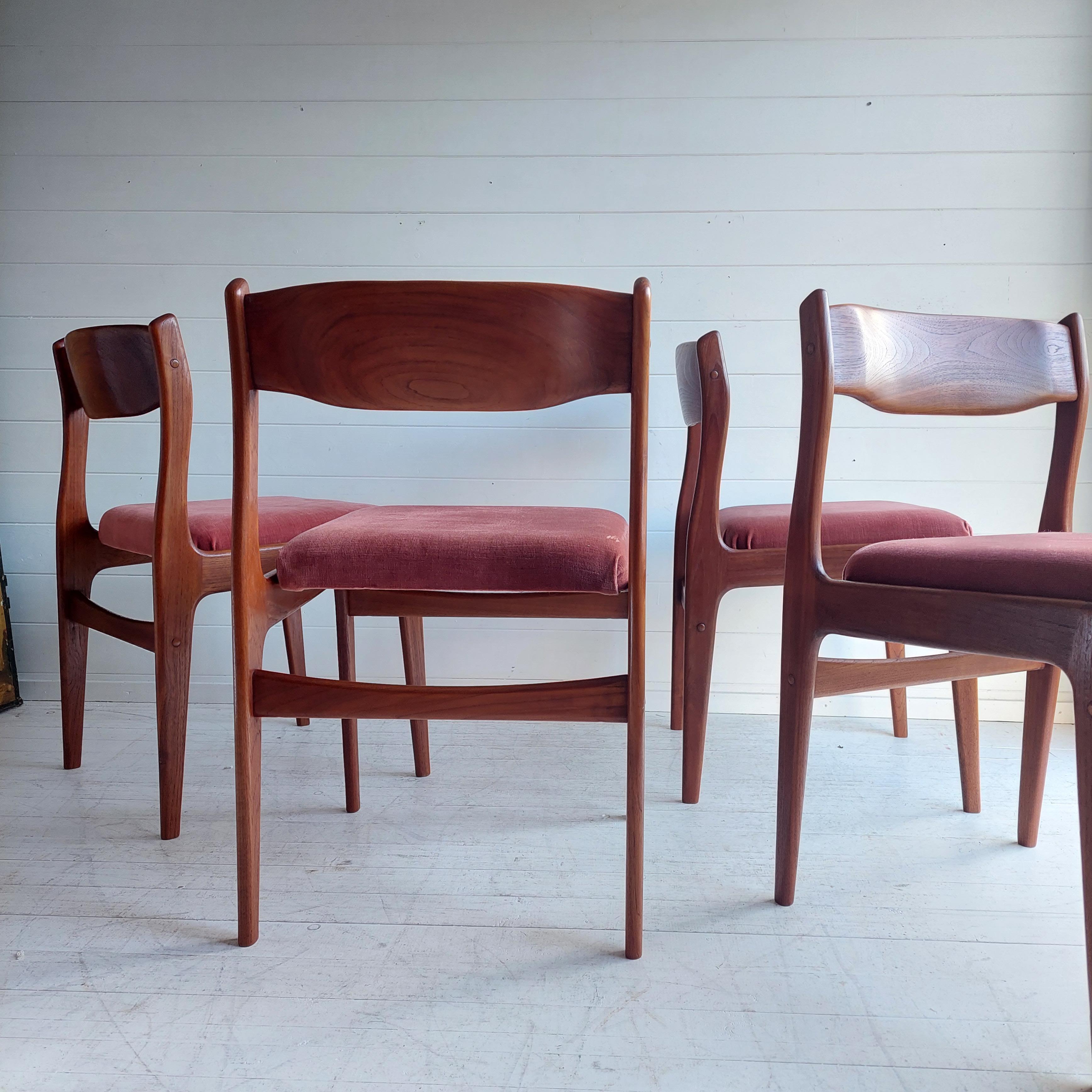 Mid Century teak Danish dining chairs 60s, Erik Buch style, set of 4 1