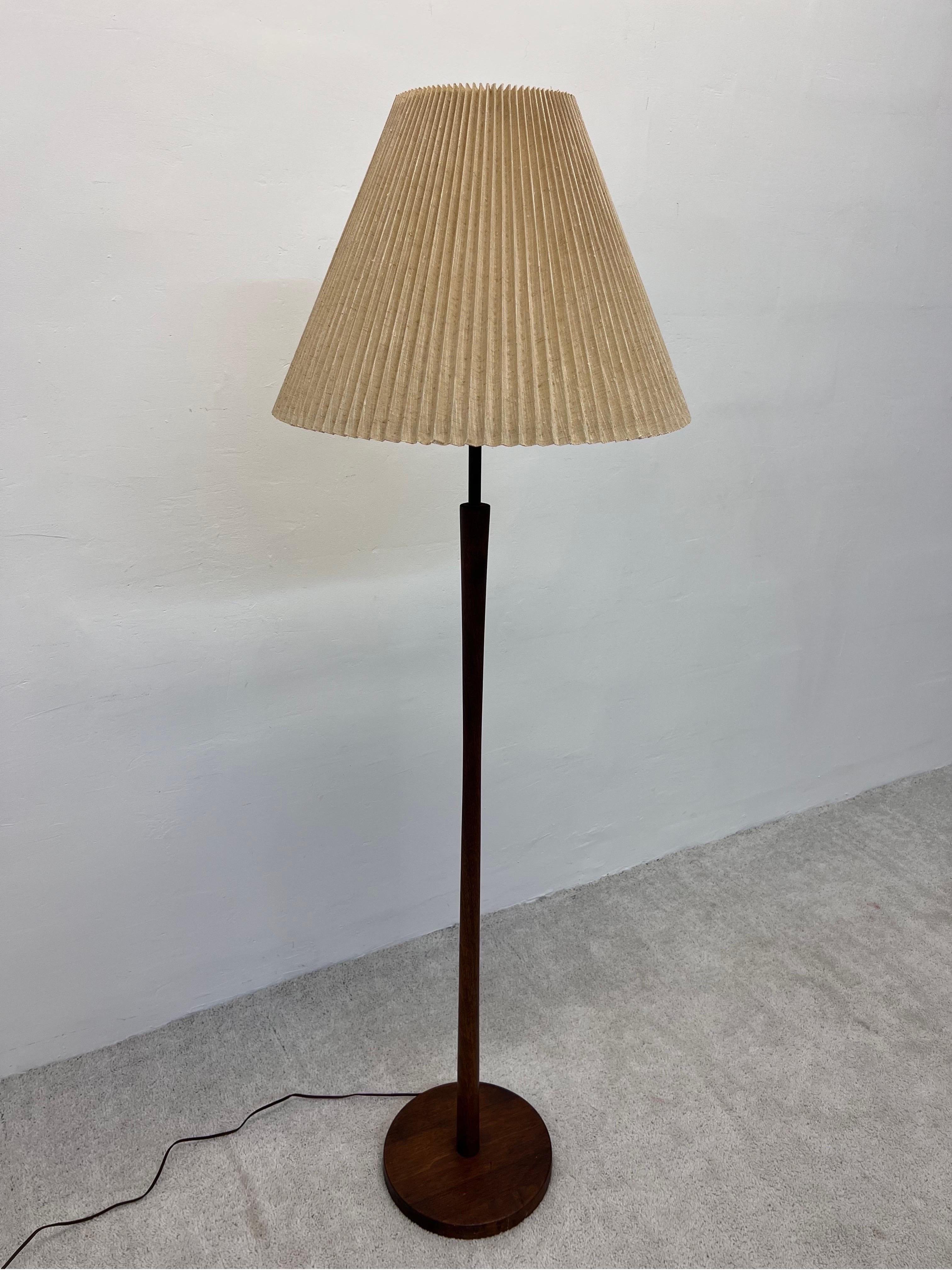 Mid-century Danish teak floor lamp with original pleated linen shade from the 1960s.