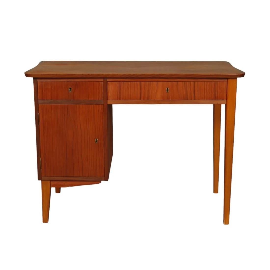 Beautiful Mid-century small desk with 3 storage areas (two drawers and a larger storage space on the bottom left.  
beautiful craftsmanship and detail featuring 
this piece was made in Denmark early 1960's and very good condition considering use and