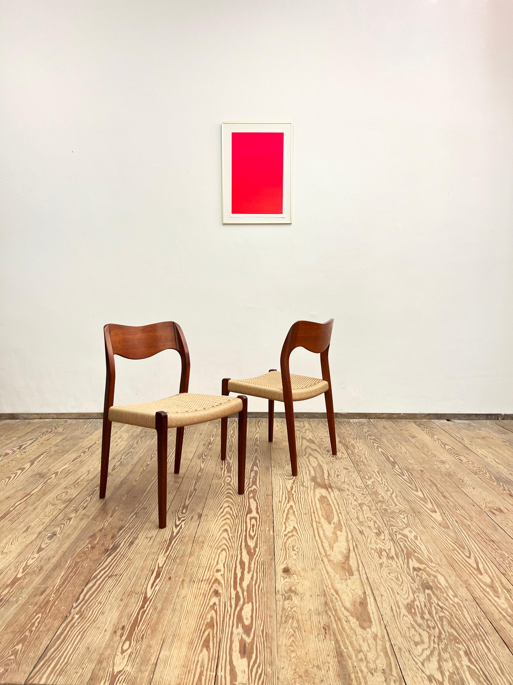 Dimensions 49 x 49 x 79 x 44cm (Width x Depth x Height x Seat height)

This beautiful set of vintage dining chairs designed by Niels O. Møller was manufactured by J. l. Møller in Denmark. The set features 4 chairs of teak wood, partially teak veneer