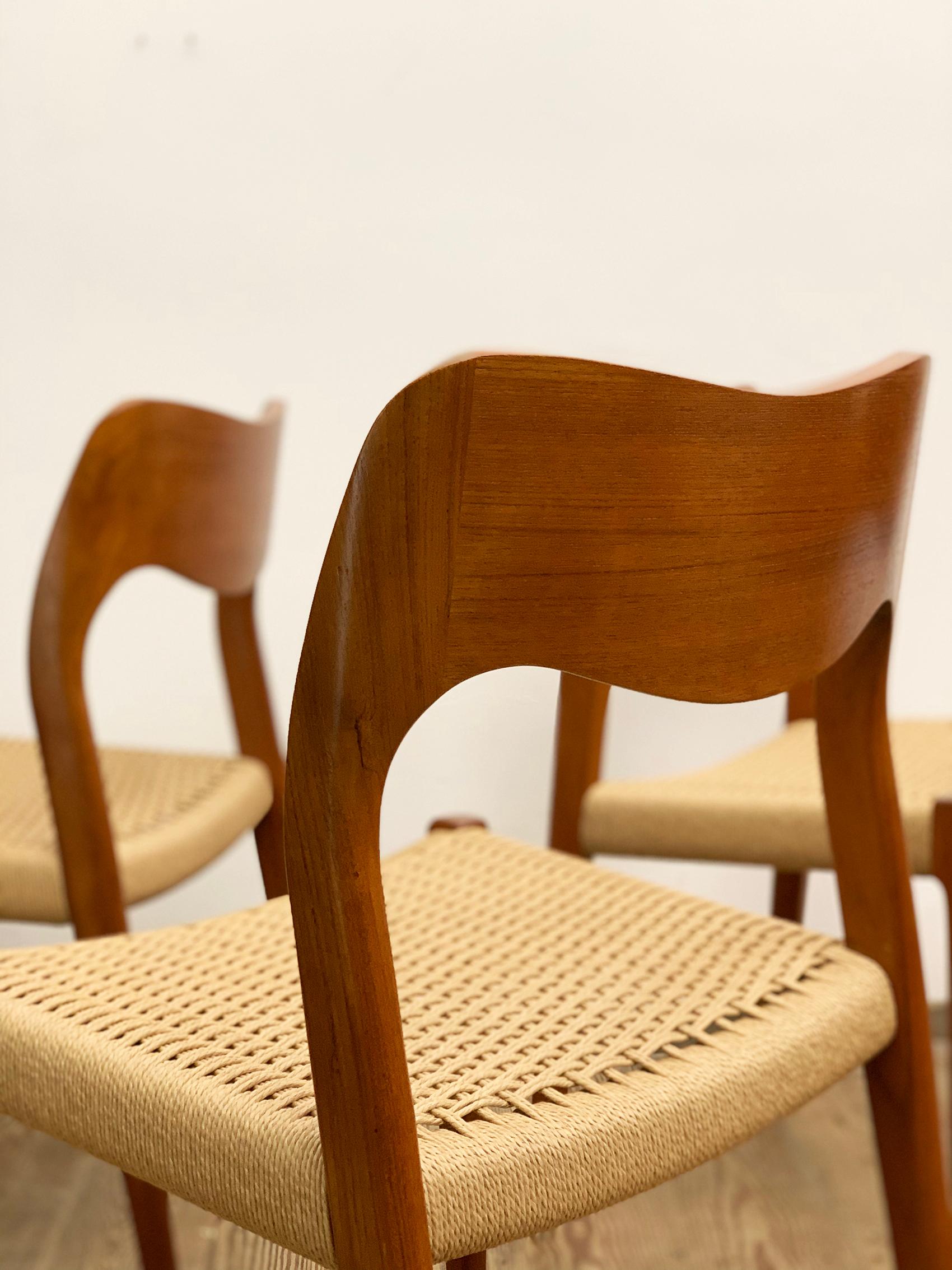 Papercord Mid-Century Teak Dining Chairs #71 by Niels O. Møller for J. L. Moller, Set of 4