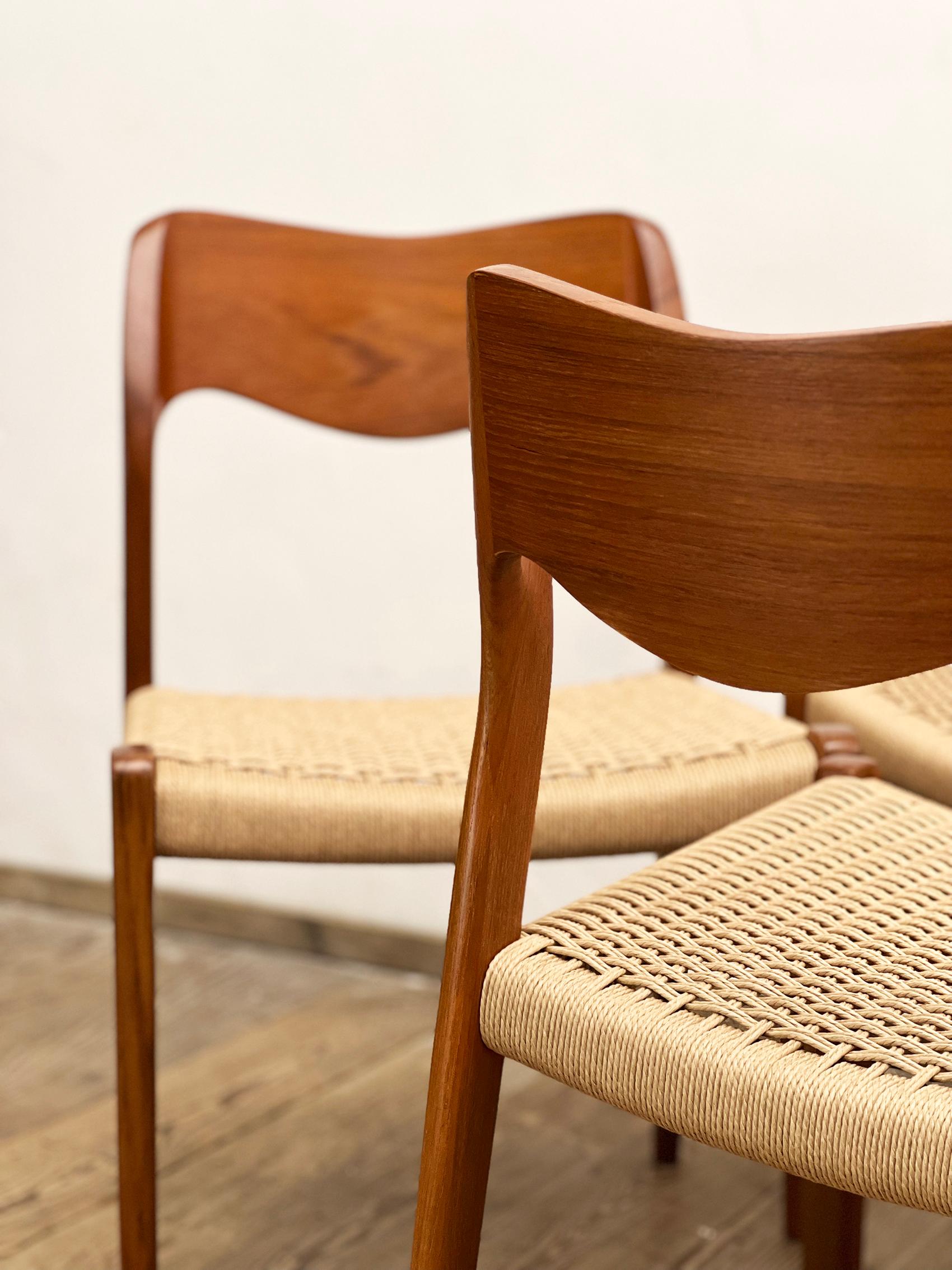 Papercord Mid-Century Teak Dining Chairs #71 by Niels O. Møller for J. L. Moller, Set of 4 For Sale