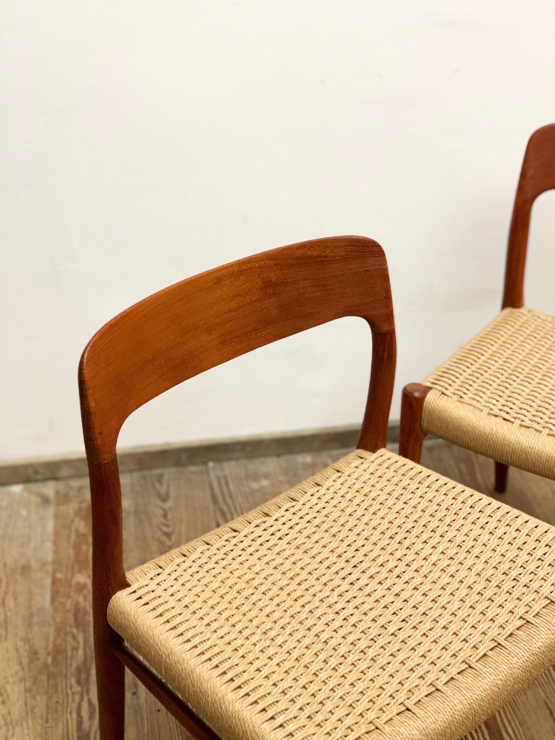 Papercord Mid-Century Teak Dining Chairs #75 by Niels O. Møller for J. L. Moller, Set of 2