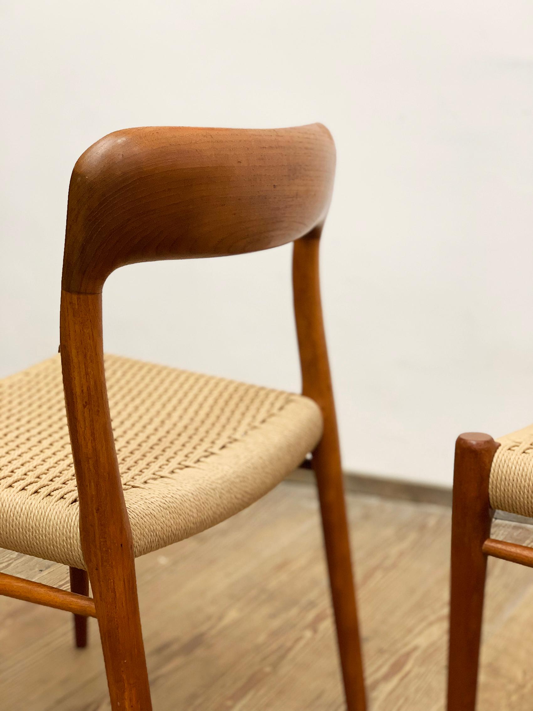 Papercord Midcentury Teak Dining Chairs #75 by Niels O. Møller for J. L. Moller, Set of 4 For Sale
