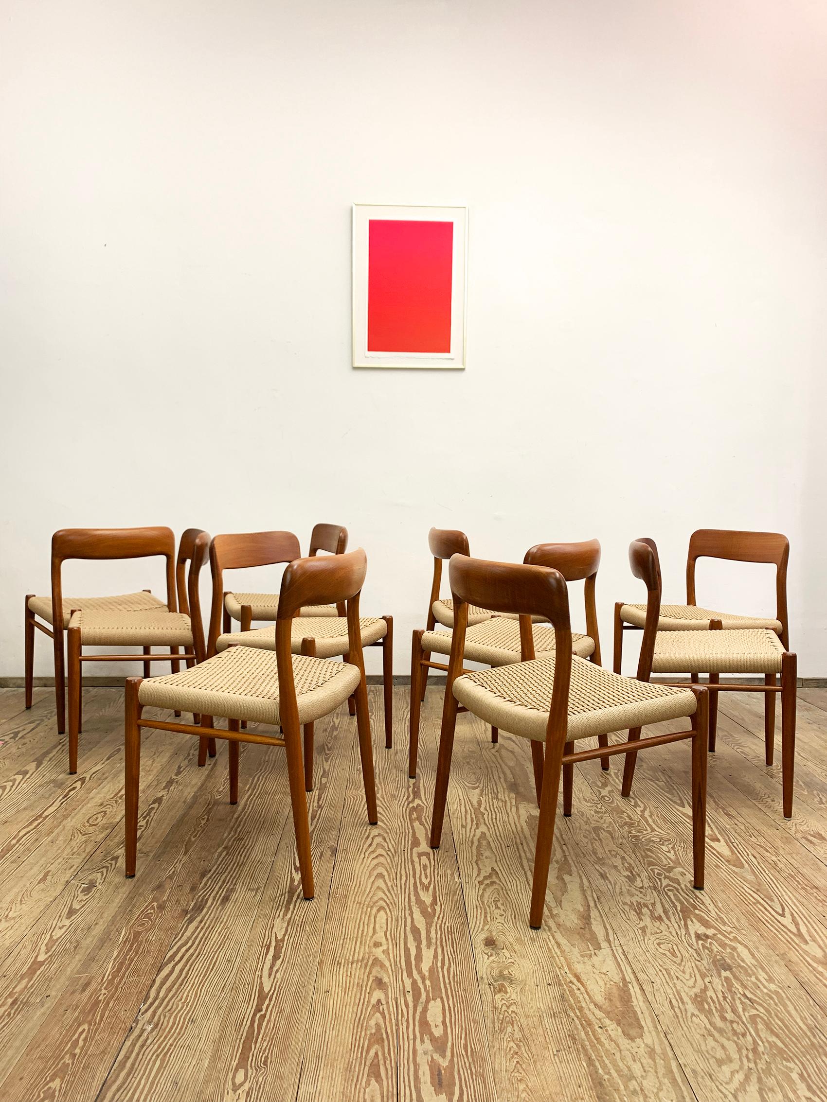Dimensions: Height: 29.53 in. (75 cm), Width: 19.69 in. (50 cm), Depth: 18.51 in. (47 cm)

This beautiful set of danish dining chairs designed by Niels O. Møller in the 1950s was manufactured by J.L. Møllers in Denmark. The set features 10 chairs of