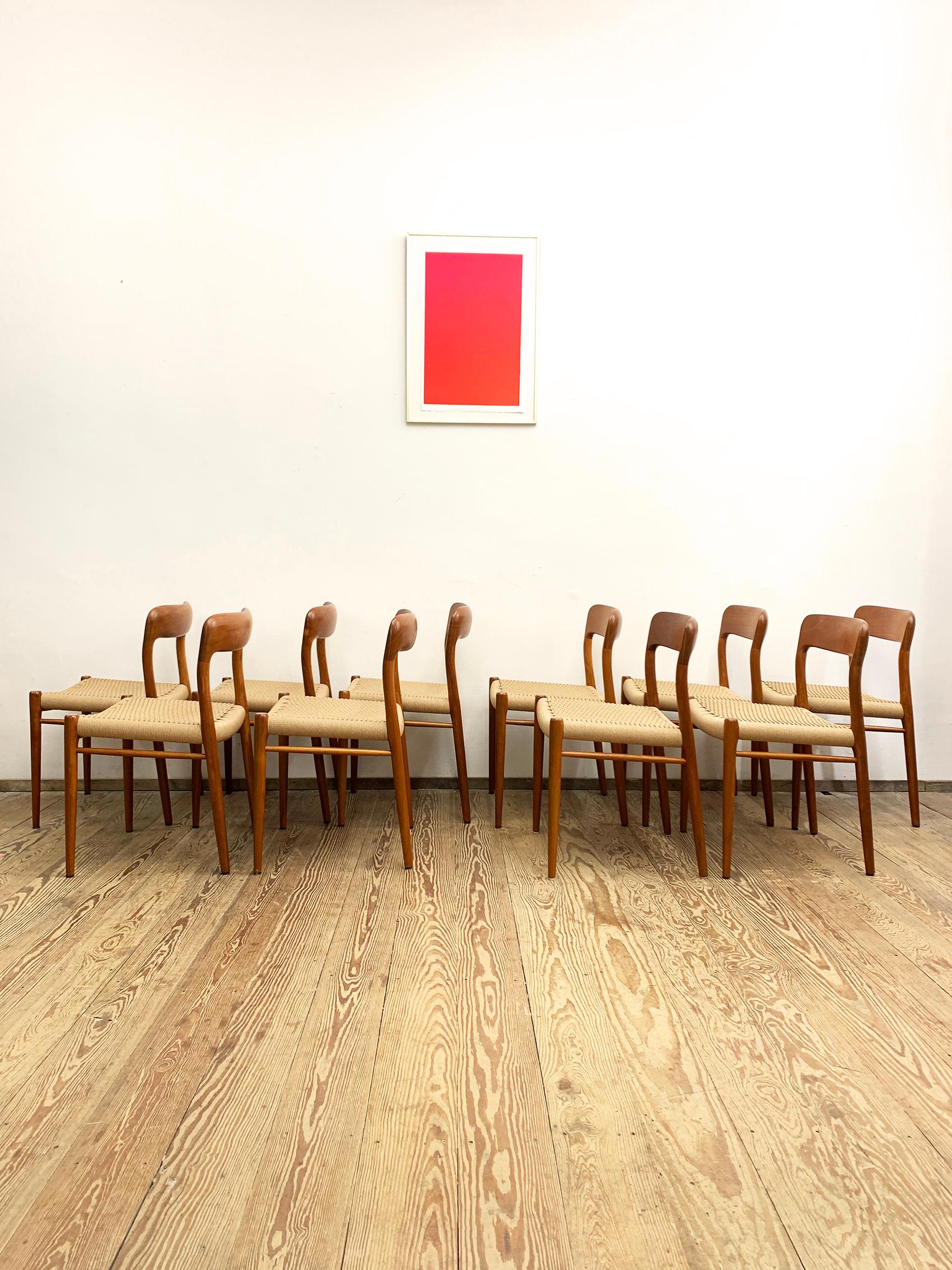 Danish Mid Century Teak Dining Chairs #75 by Niels O. Møller, J. L. Moller, Set of 10