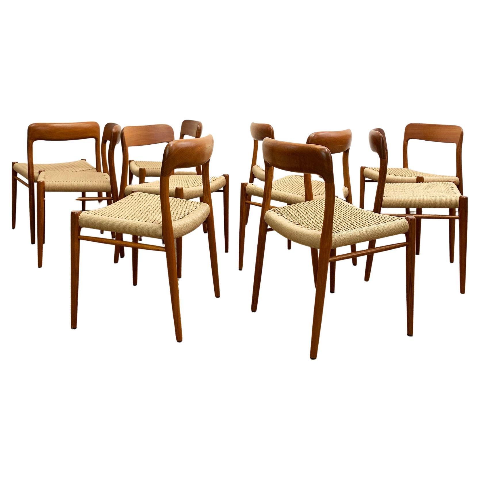 Mid Century Teak Dining Chairs #75 by Niels O. Møller, J. L. Moller, Set of 10