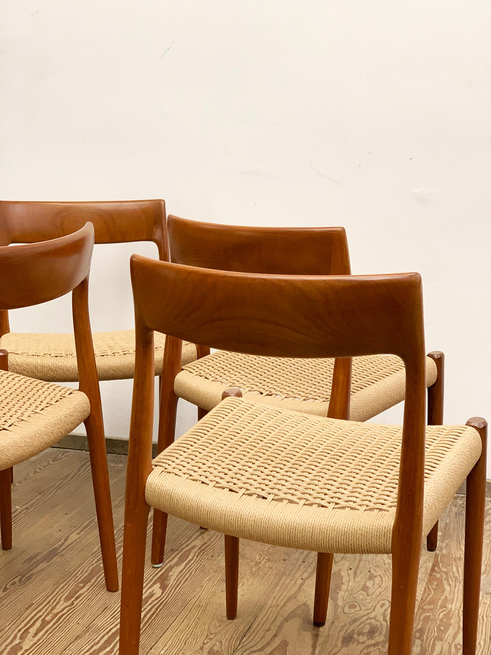 Papercord Mid-Century Teak Dining Chairs #77 by Niels O. Møller for J. L. Moller, Set of 4