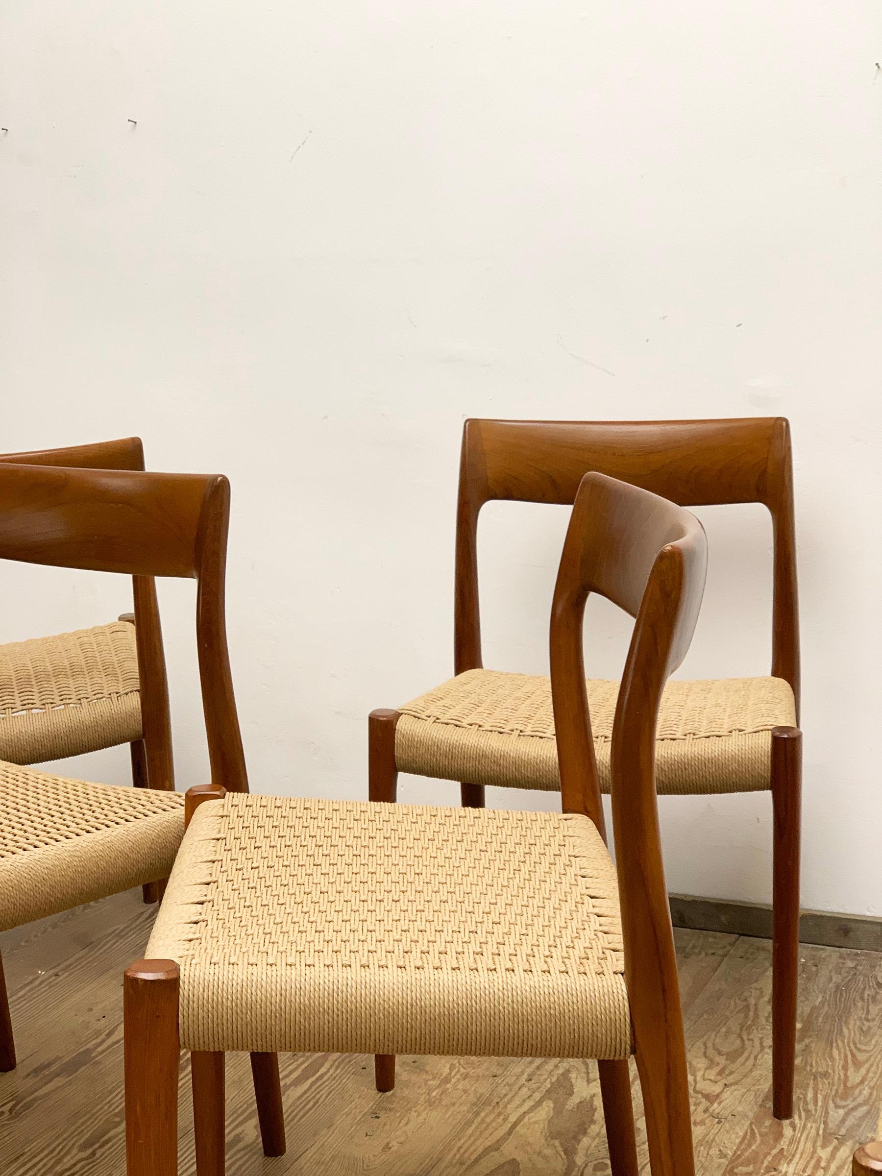 Papercord Mid-Century Teak Dining Chairs #77 by Niels O. Møller for J. L. Moller, Set of 6