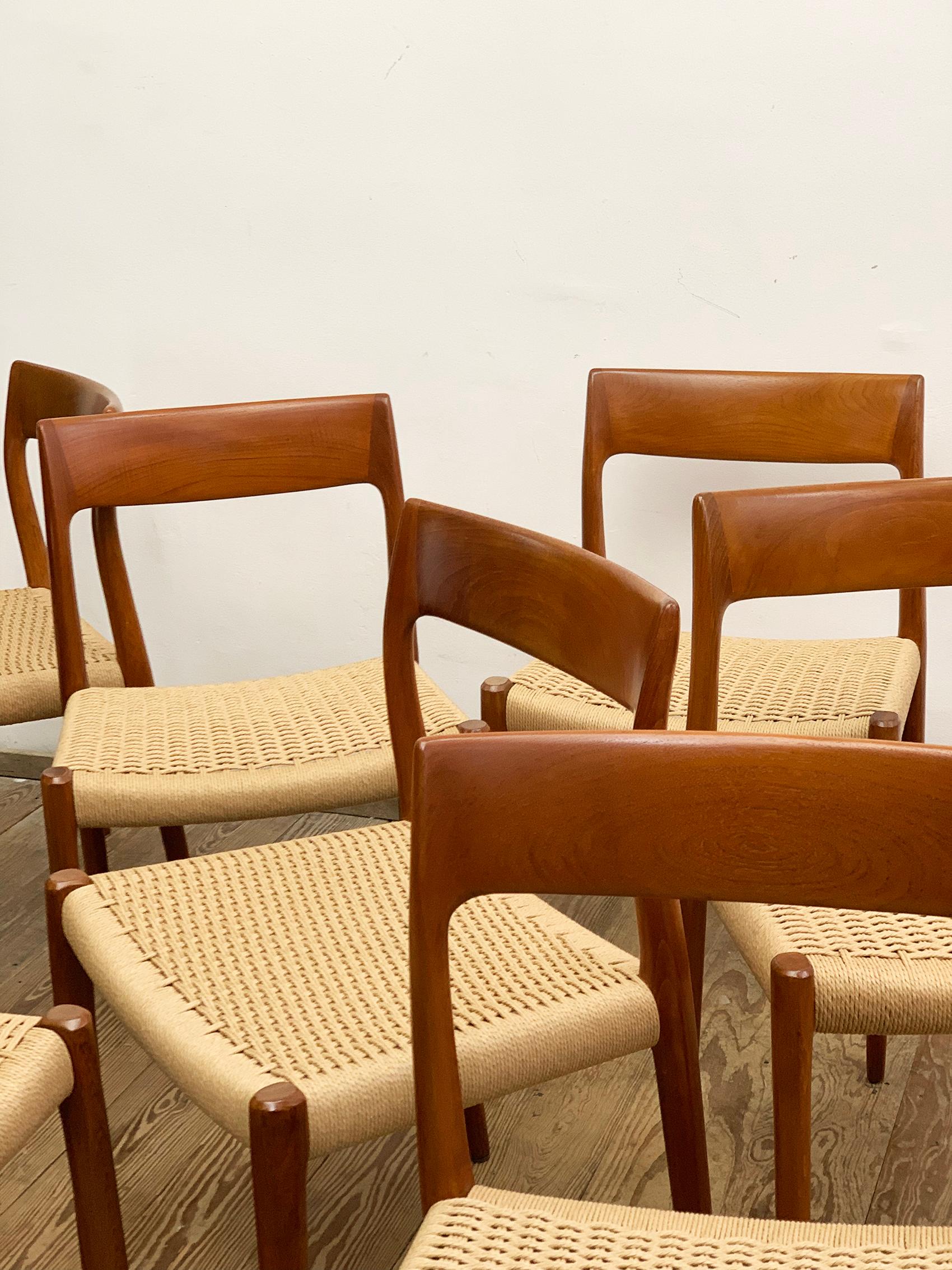 Papercord Midcentury Teak Dining Chairs #77 by Niels O. Møller for J. L. Moller, Set of 8