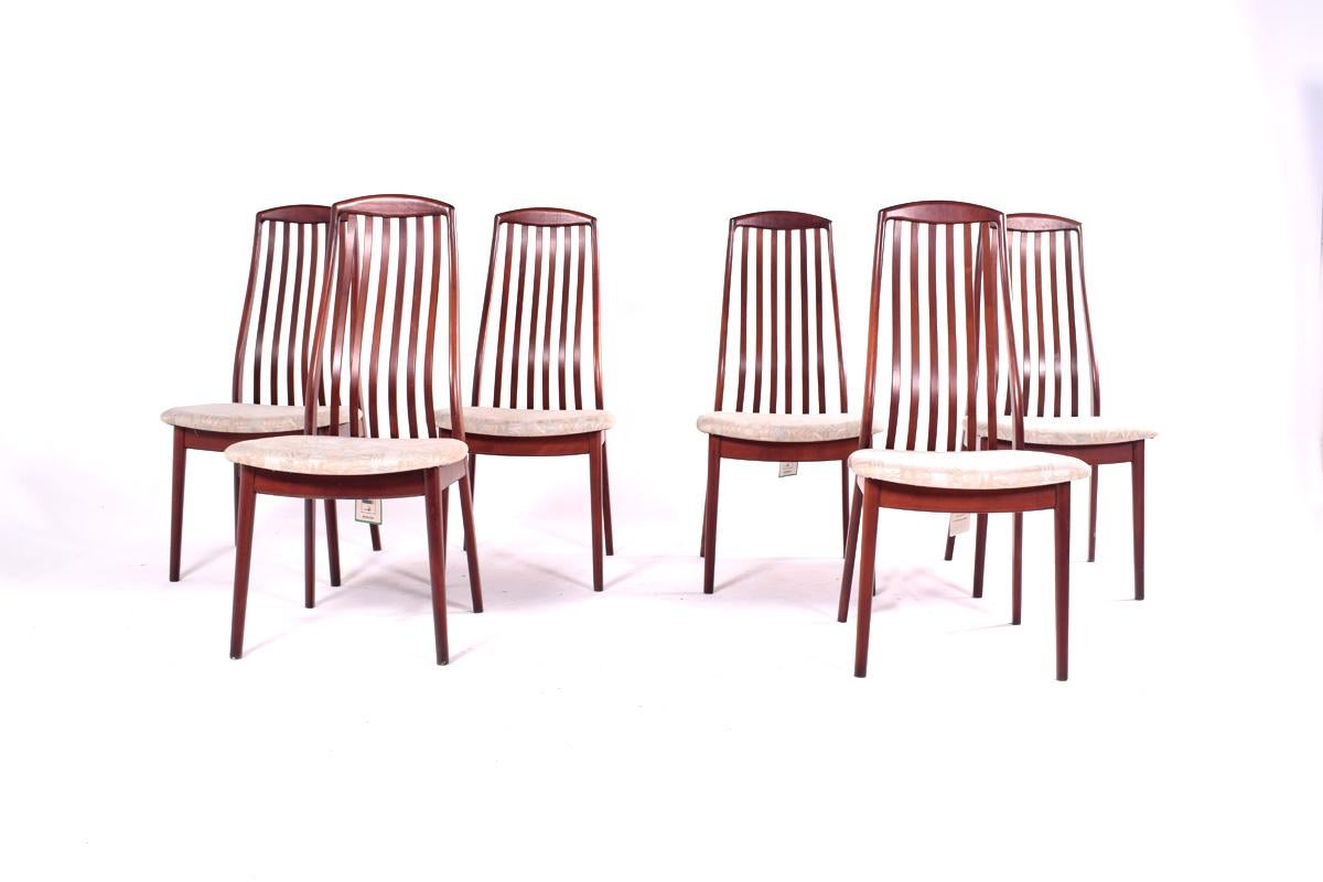 Stunning set of six Danish modern dining chairs manufactured by Preben Schou of Denmark in excellent original condition. The wood was cleaned and polished. All six chairs are upholstered in top quality, cigarette resistant, by Preben Schou I/S, in