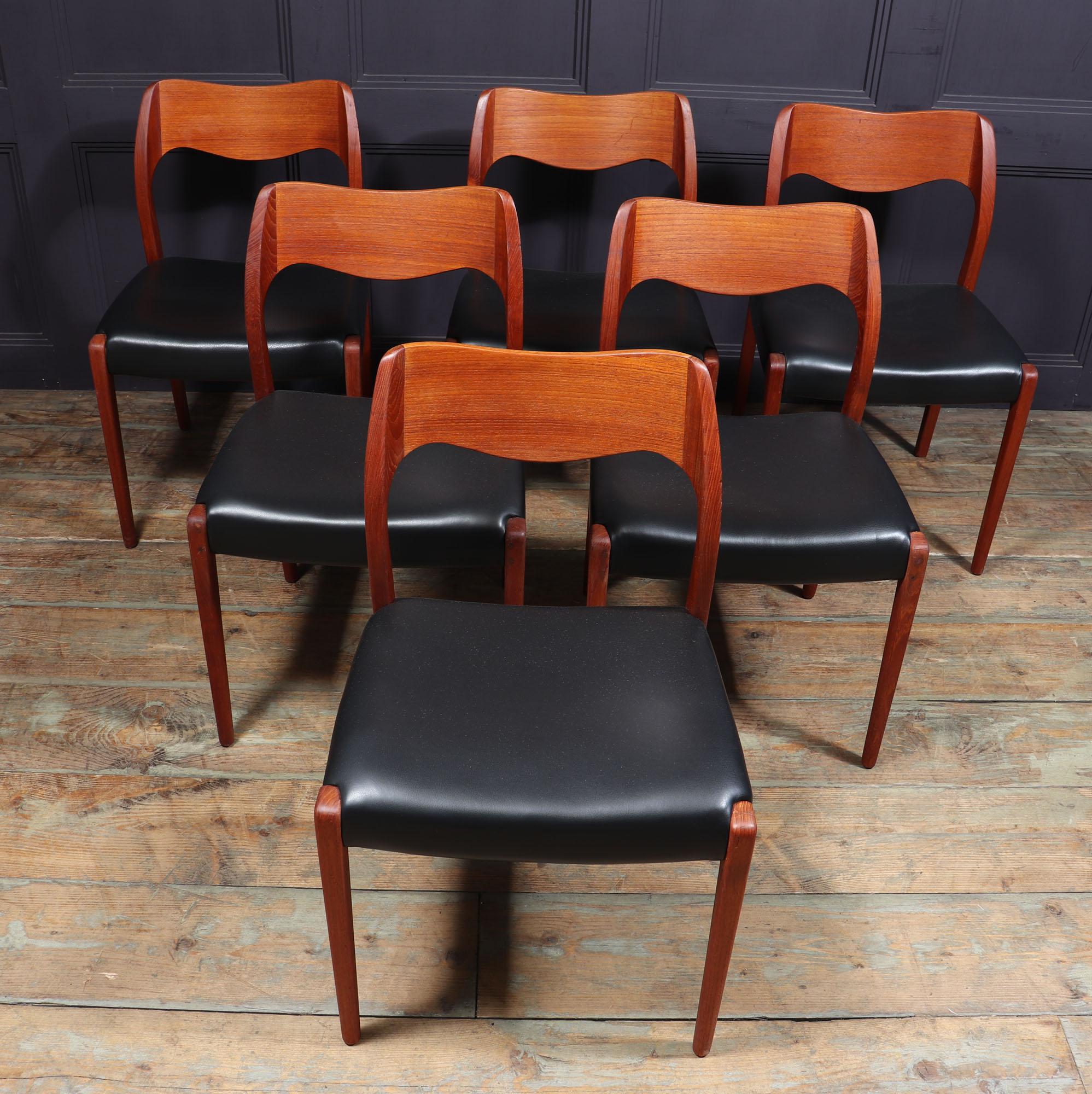 Moller dining chairs model 71
A set of six Teak model 71 dining chairs upholstered in leather. Originally made in Denmark in the 1960s, the chairs have great overall quality and are all solid with no loose joints. The frames have been polished