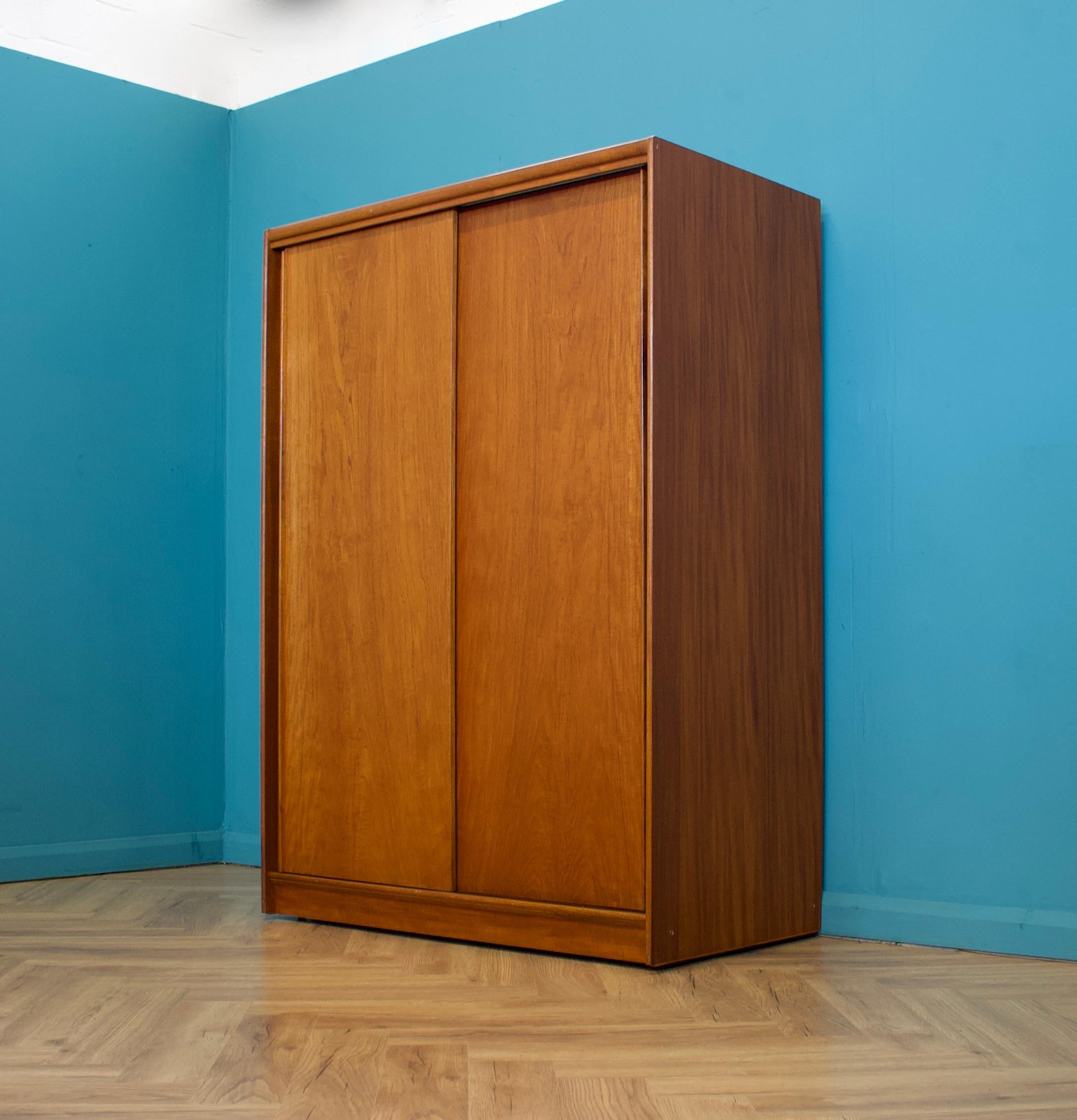 British Mid Century Teak Double Sliding Door Wardrobe from Austinsuite, 1960s