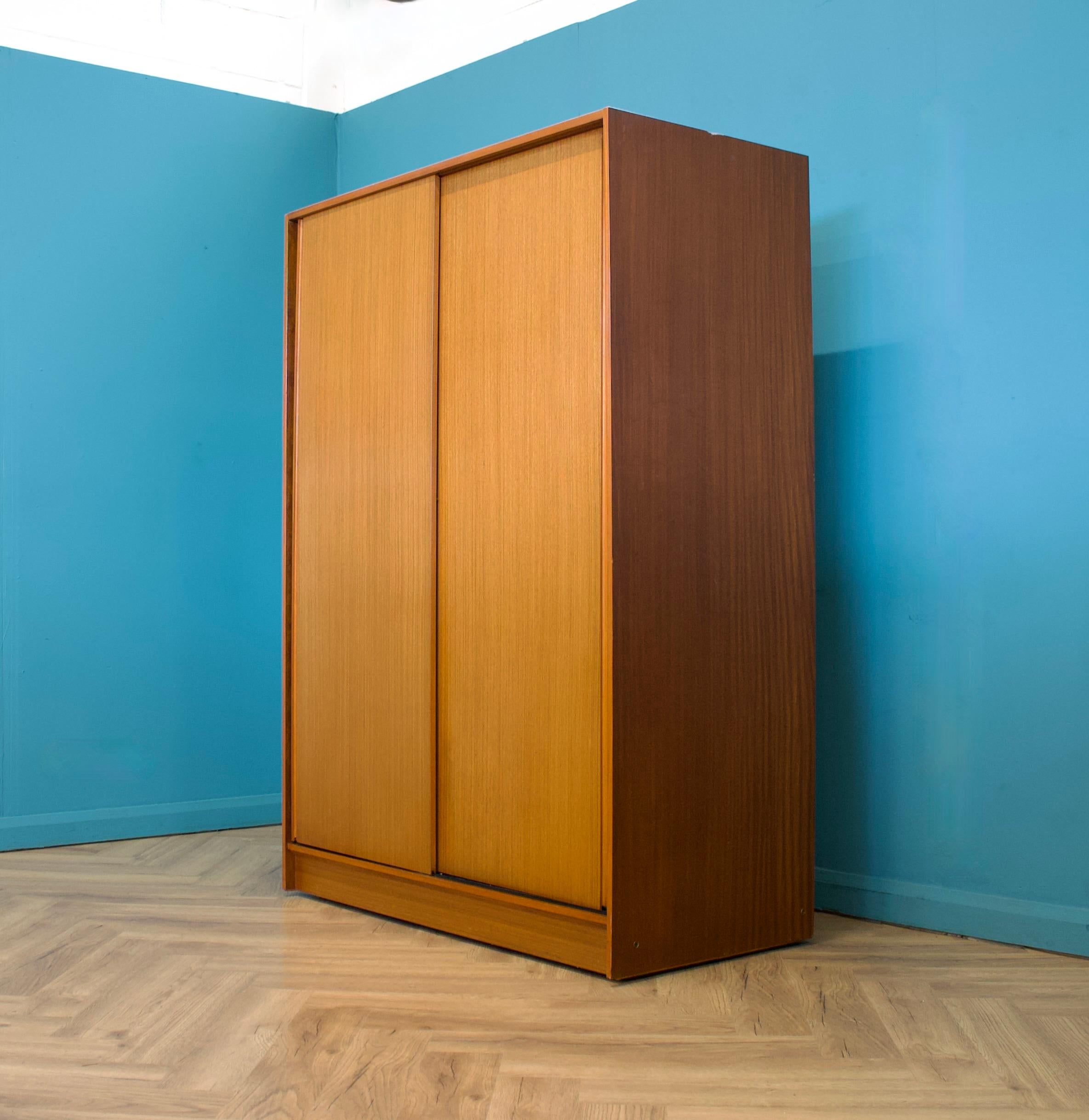 British Mid Century Teak Double Sliding Door Wardrobe from Austinsuite, 1960s