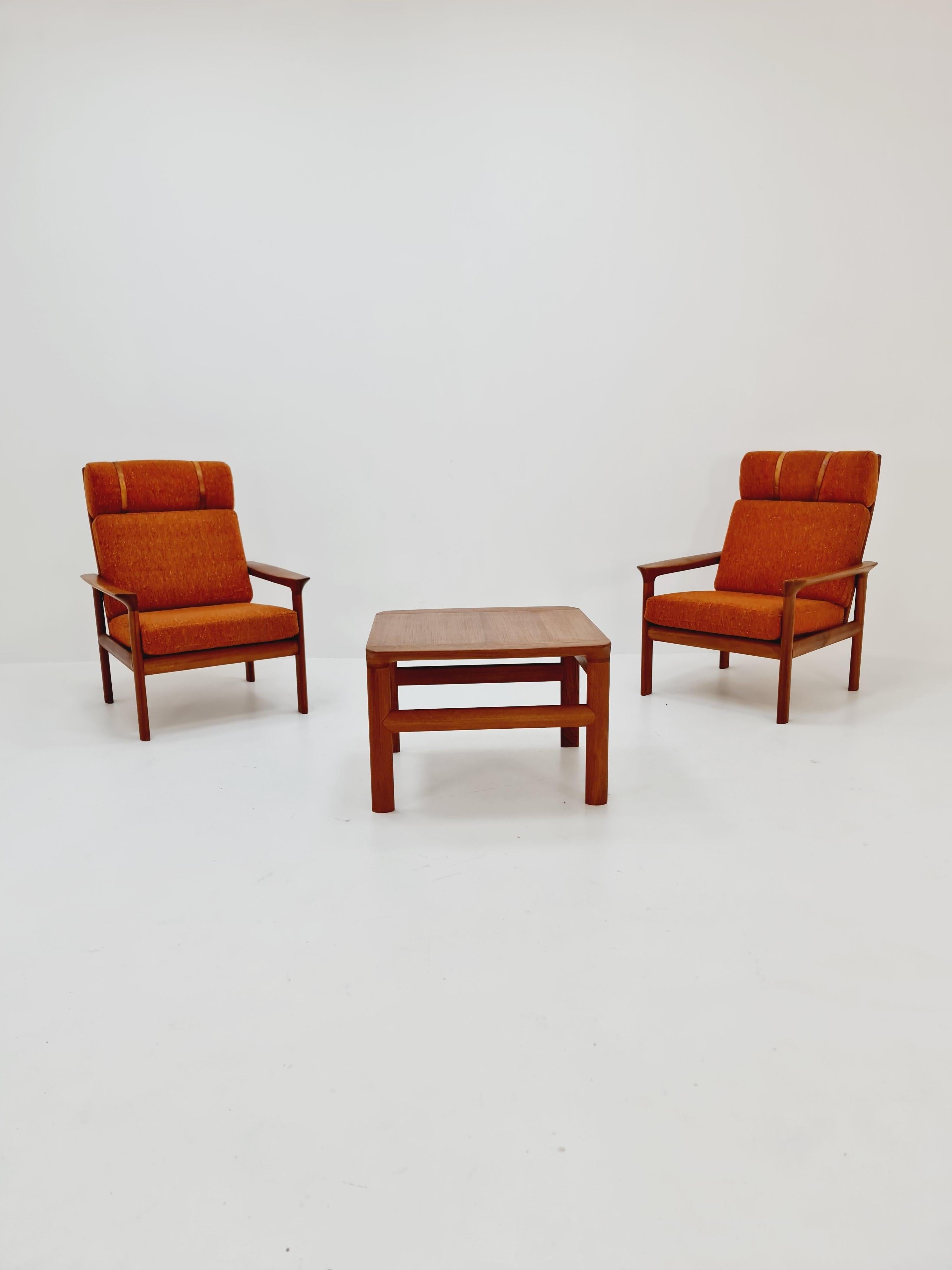 Mid century teak easy lounge high back chairs by Sven Ellekaer for Komfort , Set of 2, 1960s

It is in great condition. However, as with all the vintage items some minor wear marks should be expected. The upholstery is in good condition and are
