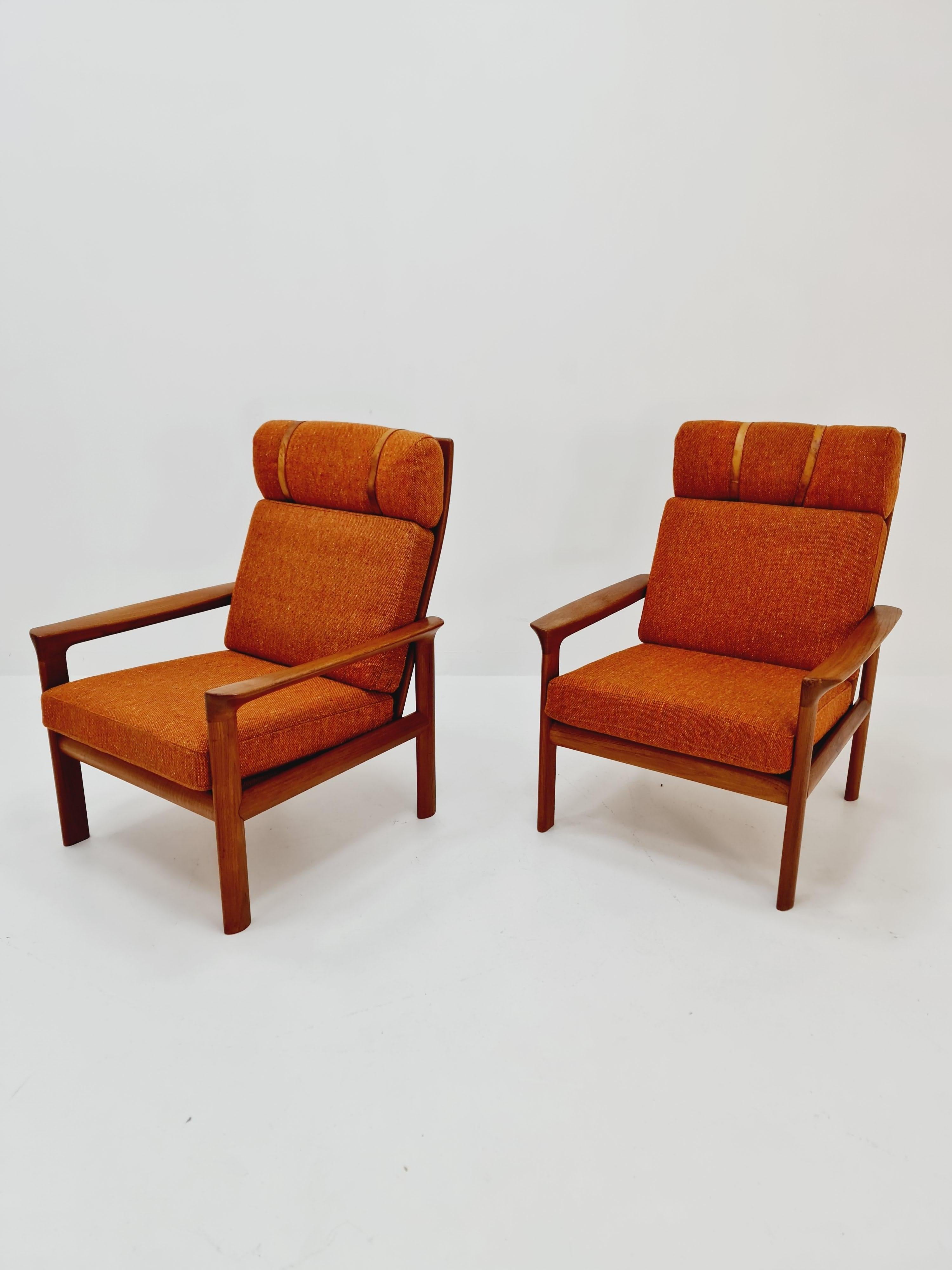 Mid-20th Century Mid century teak easy lounge high back chairs by Sven Ellekaer for Komfort  For Sale