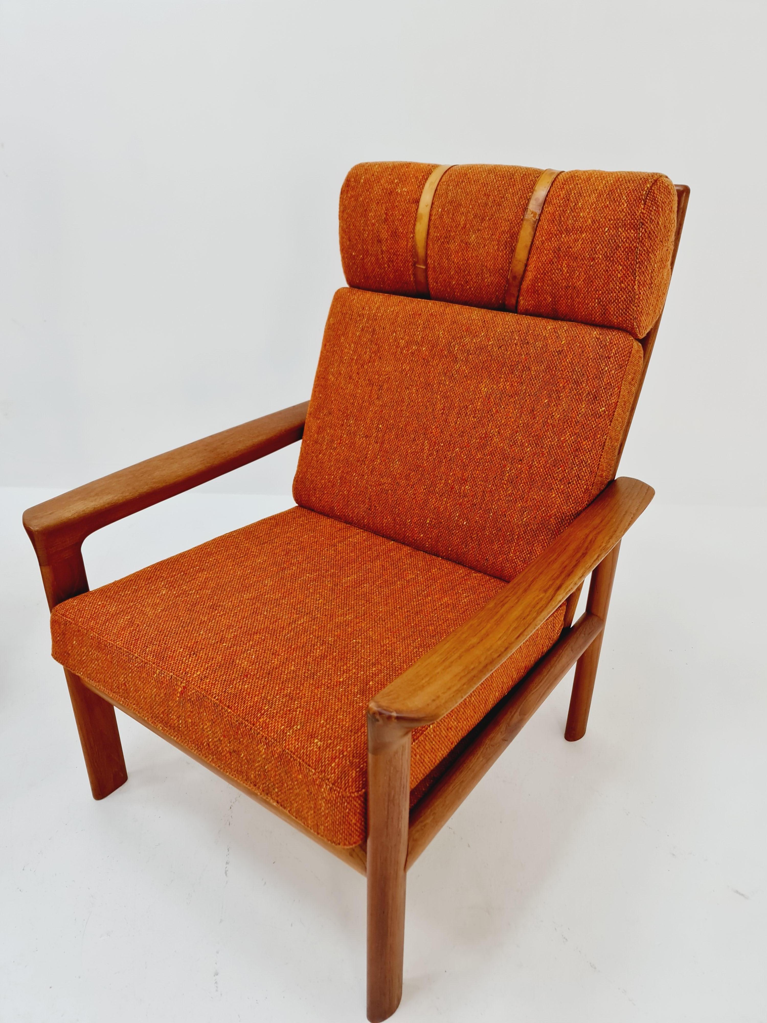 Leather Mid century teak easy lounge high back chairs by Sven Ellekaer for Komfort  For Sale