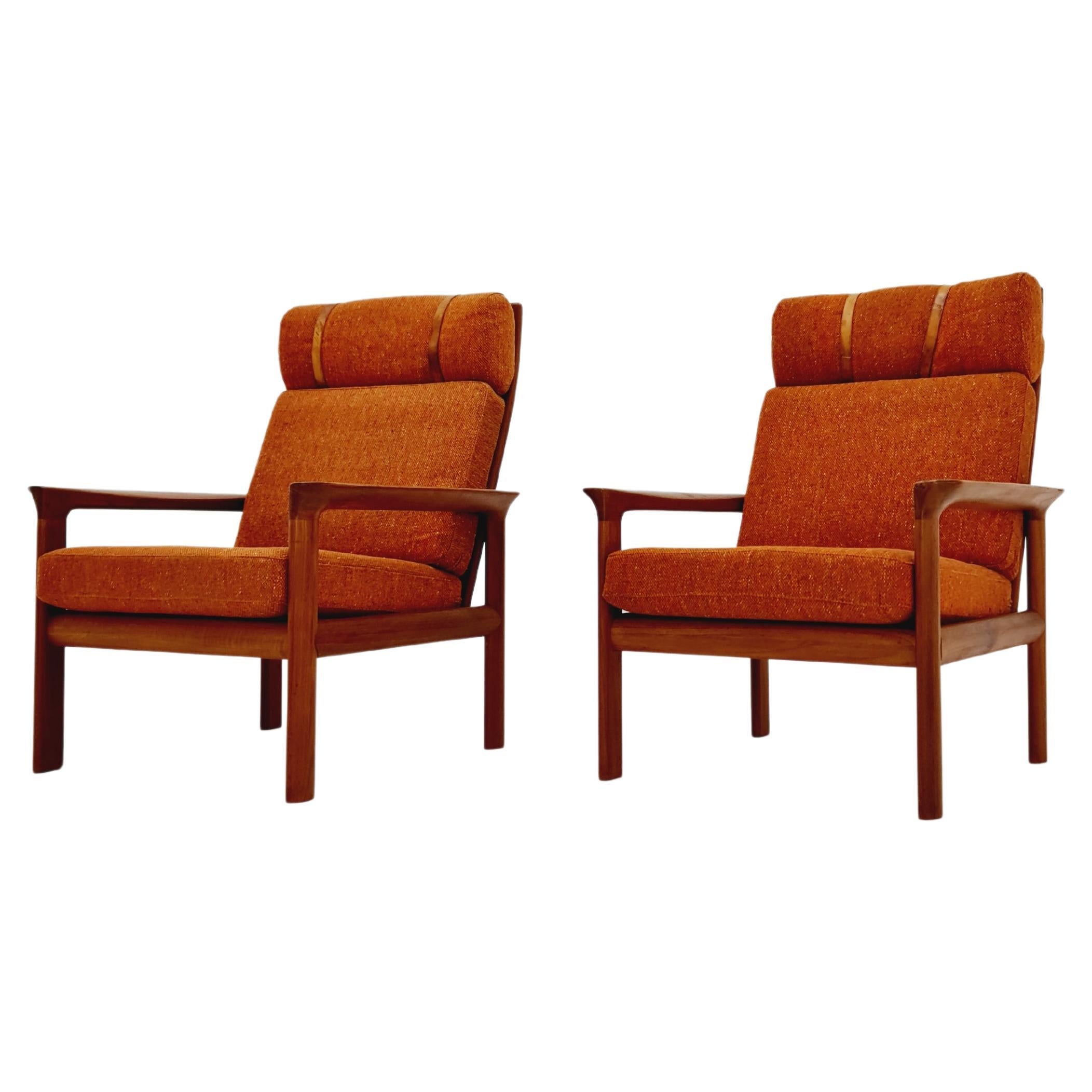 Mid century teak easy lounge high back chairs by Sven Ellekaer for Komfort 