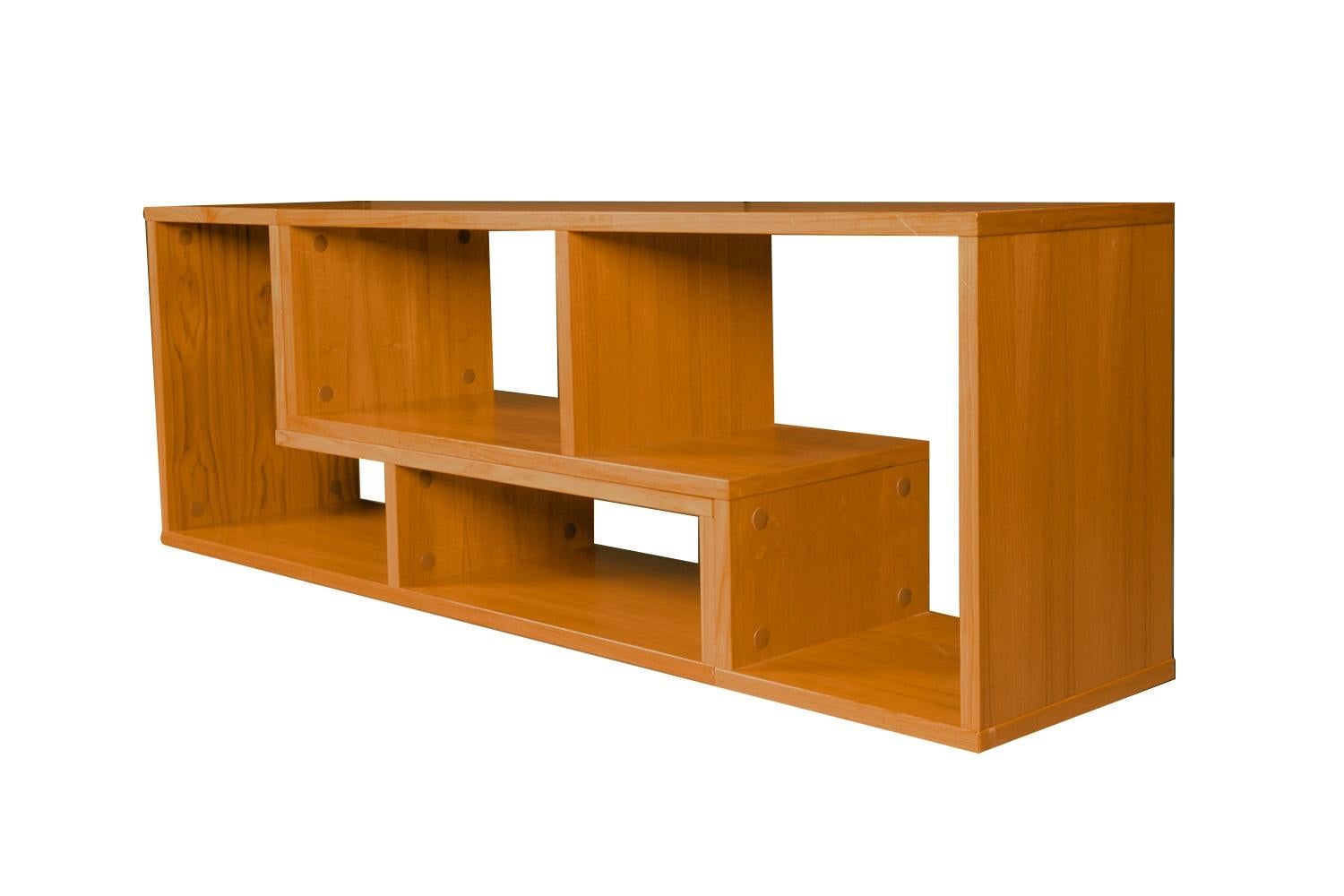 An absolutely beautiful matched pair of nesting free standing, expanding, low, bookcases crafted in nearly pristine condition. Inspired by modern design having retro and contemporary appeal. Each of L-shaped form and made to interlock and rest on