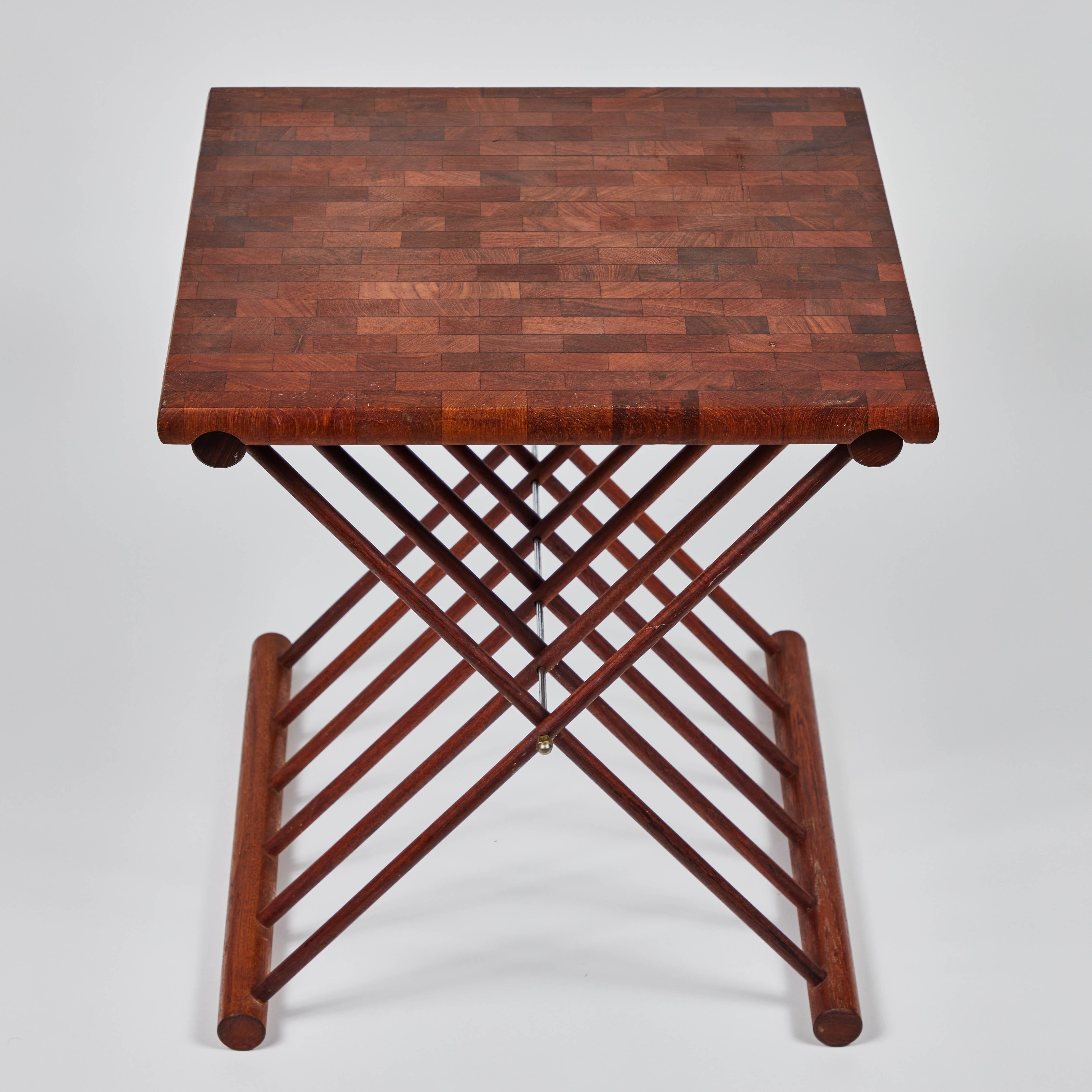 Mid Century Teak Folding 'X' Table made from end grain pieces.
 