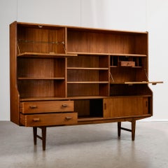 Mid-Century Teak Highboard with Sculpted Legs, Storage and Glass Shelf, 1960s